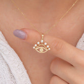14K Gold Diamond Crown Eyelash Evil Eye Necklace – Nazar