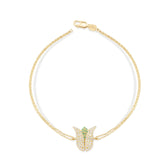 14K Gold Diamond Tulip Bracelet / Ottoman Tulip Jewelry for Women / Double Chain Gold Bracelet / Green & White Diamond Gift / Gift for Her