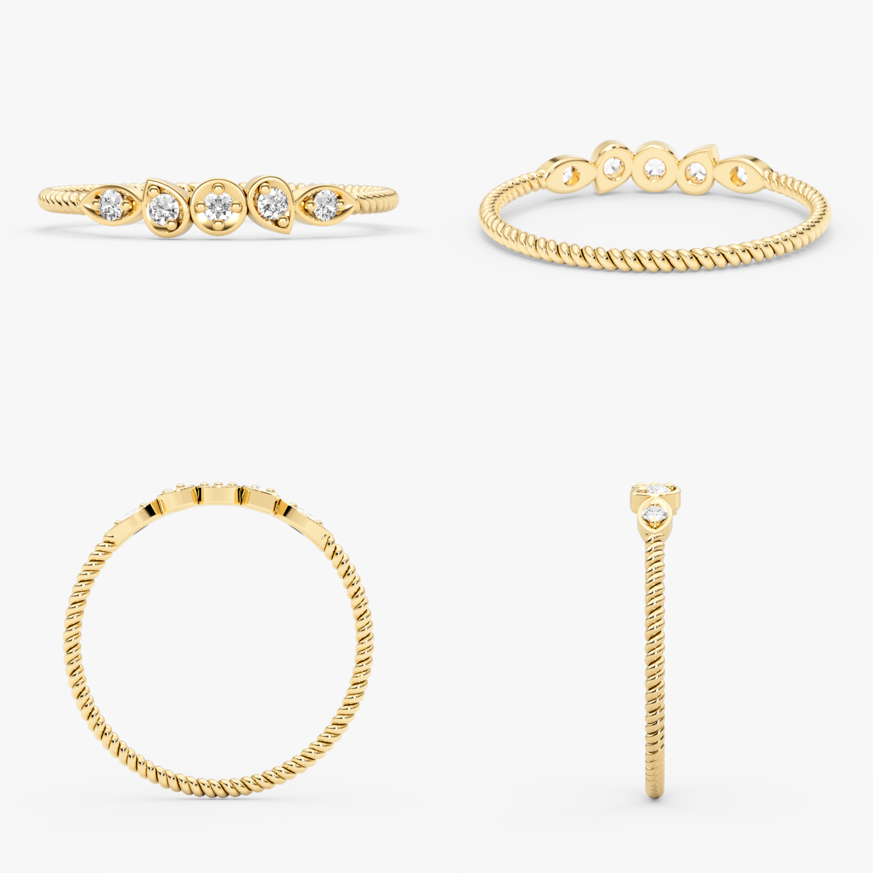 14 Ayar Altın Bükülmüş Pırlanta Üst Üste Takılabilir Yüzük — Elara 