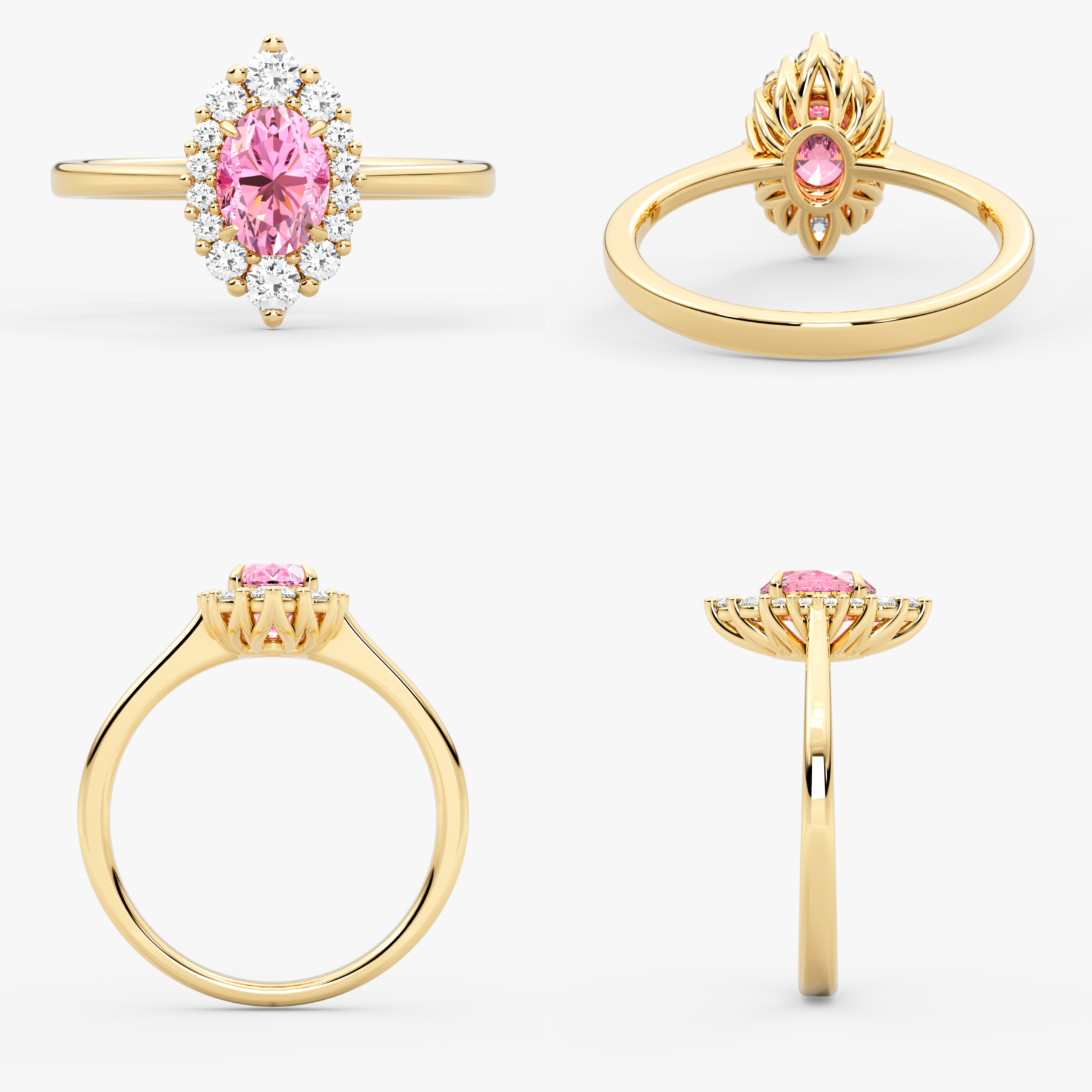 14K Solid Gold Oval Pink Sapphire & Natural Diamond Halo Engagement Ring – Virel