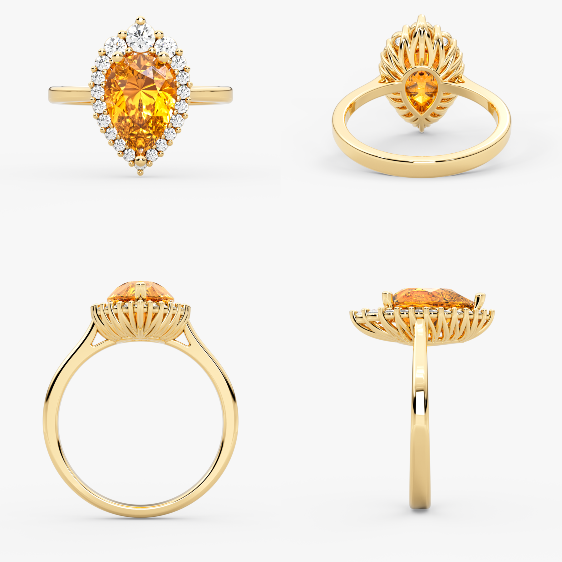 14K Solid Gold Pear Cut Citrine & Natural Diamond Halo Engagement Ring – Cavira