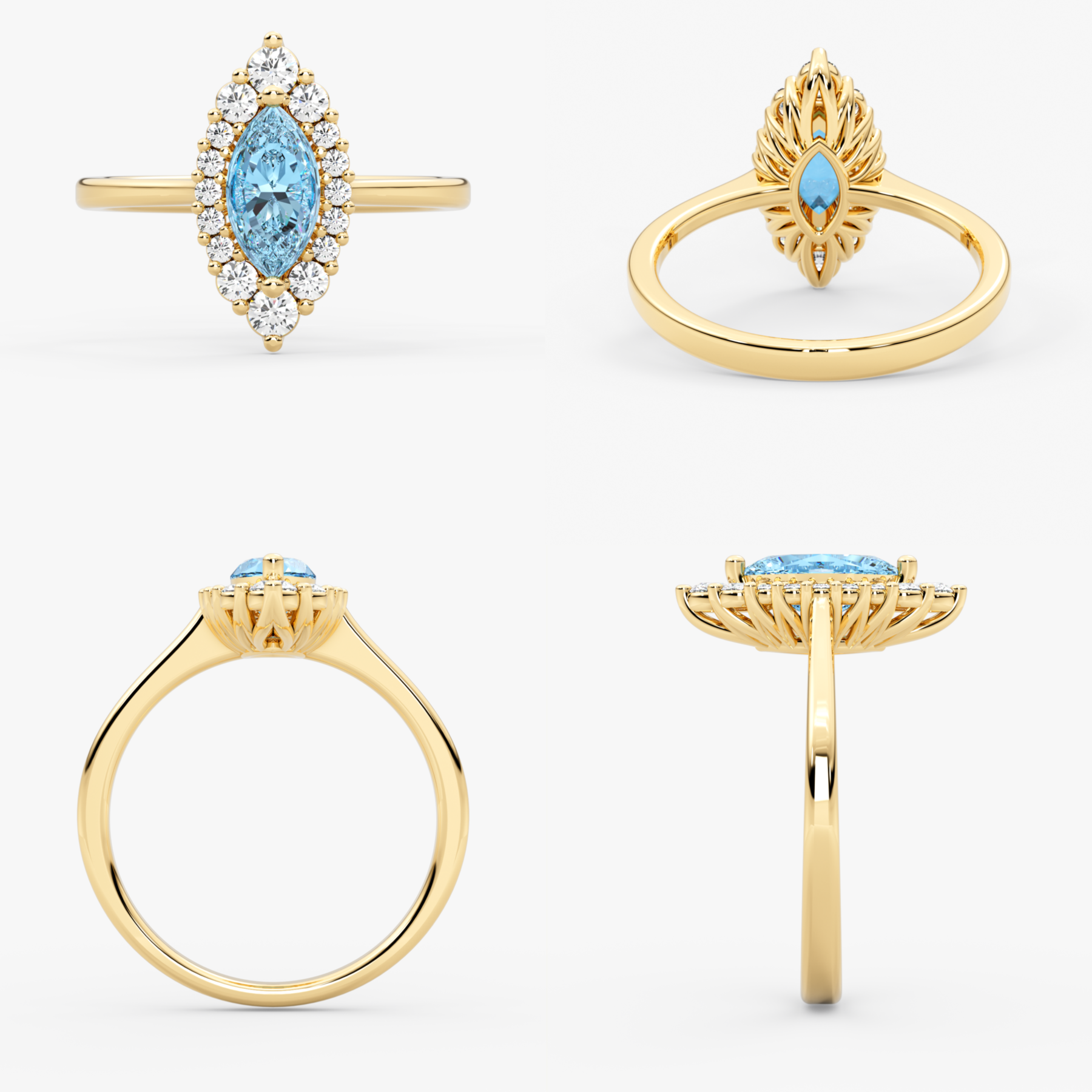 14K Solid Gold Marquise Sky Blue Topaz & Natural Diamond Halo Ring – Azmira
