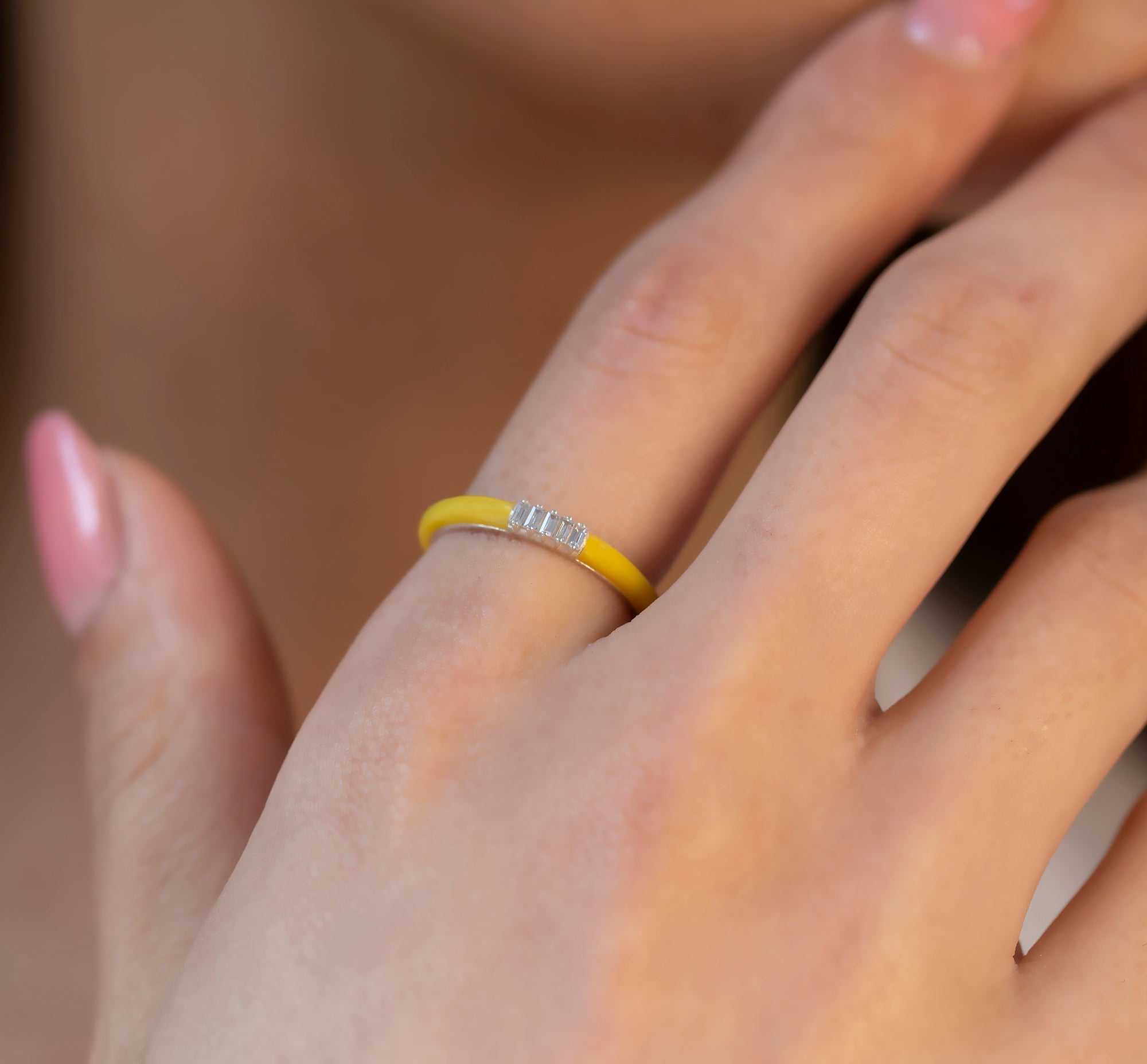 14K Gold Baguet Diamond Colourful Enamel Ring/ Minimalist Baguet Diamond Multicolor Rings/ Diamond Stackable Rings/ The Mom/ Gift for Her