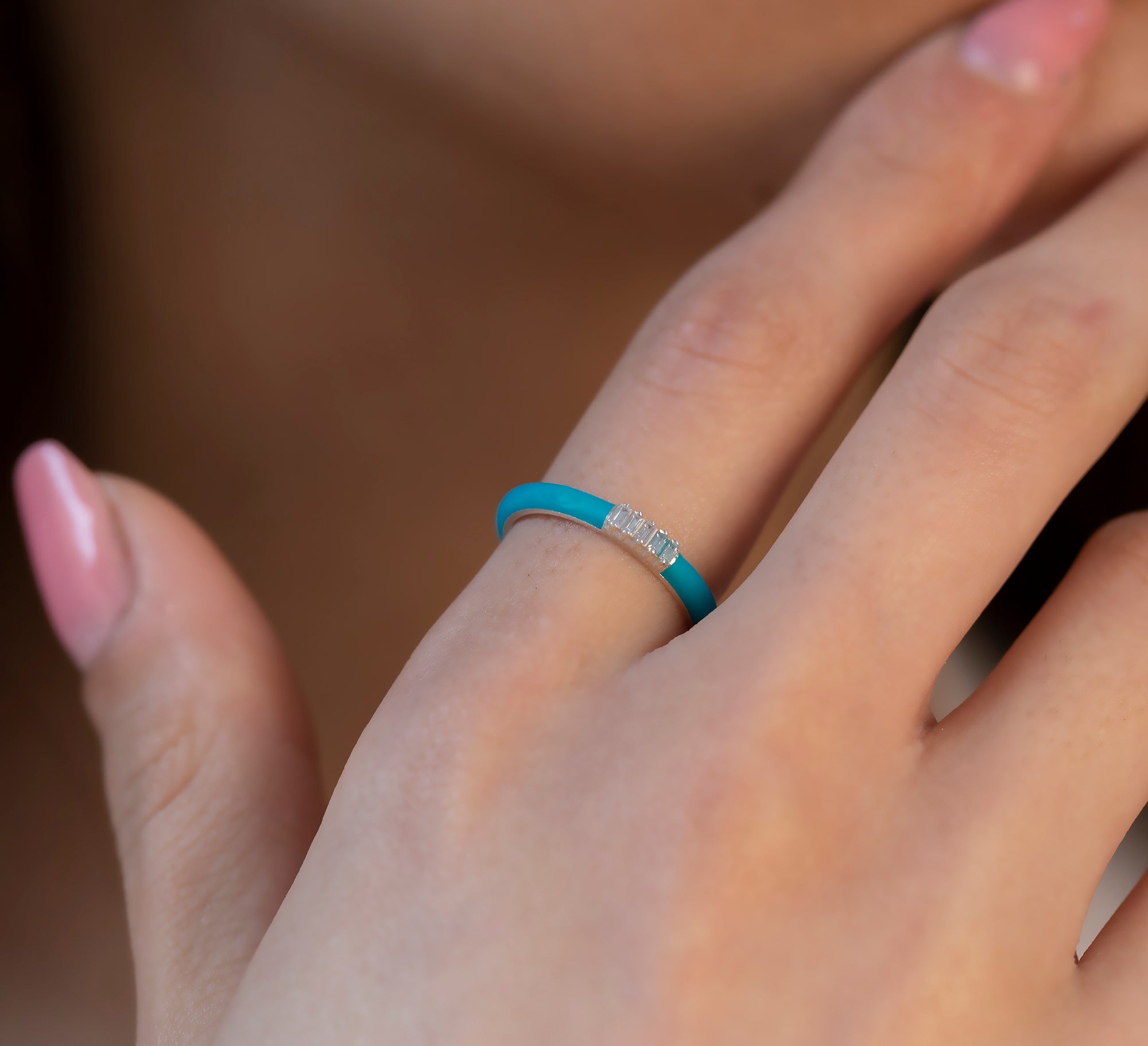 14K Gold Baguet Diamond Colourful Enamel Ring/ Minimalist Baguet Diamond Multicolor Rings/ Diamond Stackable Rings/ The Mom/ Gift for Her