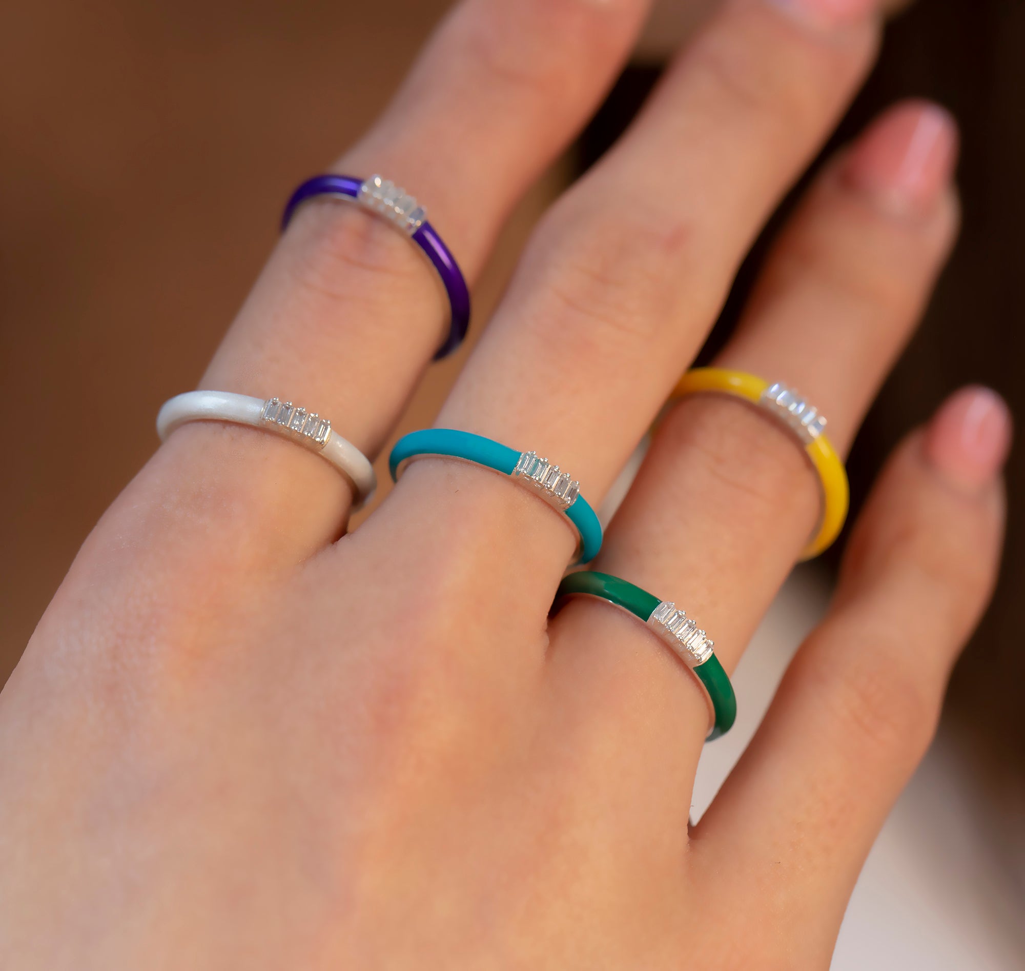 14K Gold Baguet Diamond Colourful Enamel Ring/ Minimalist Baguet Diamond Multicolor Rings/ Diamond Stackable Rings/ The Mom/ Gift for Her