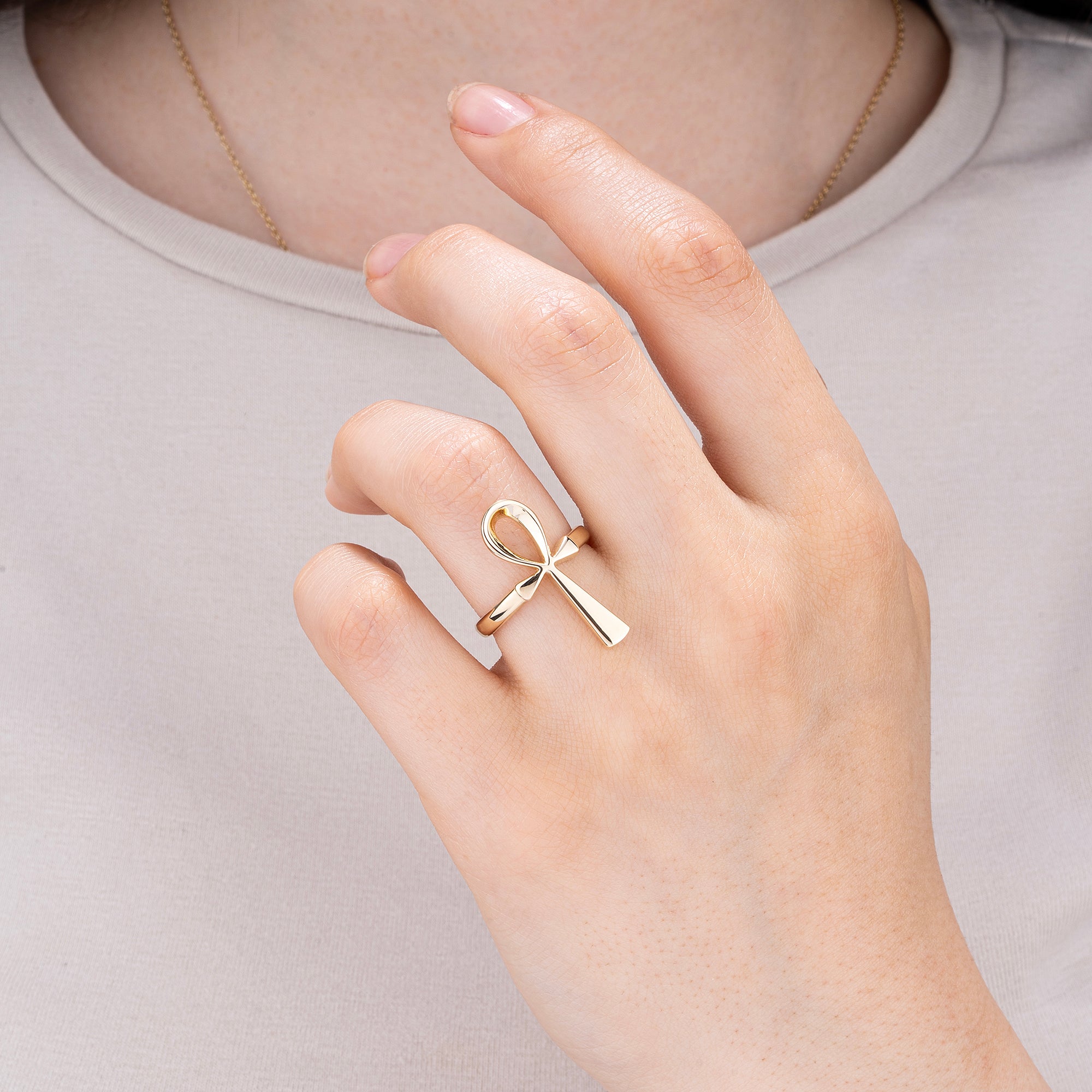 14K Gold Ankh Ring/ Egyptian Symbol Ring of Life/ Unique Ankh Jewelry for Women/ Solid Gold Ankh Ring/ Statement Gold Ring/ Gift for Her