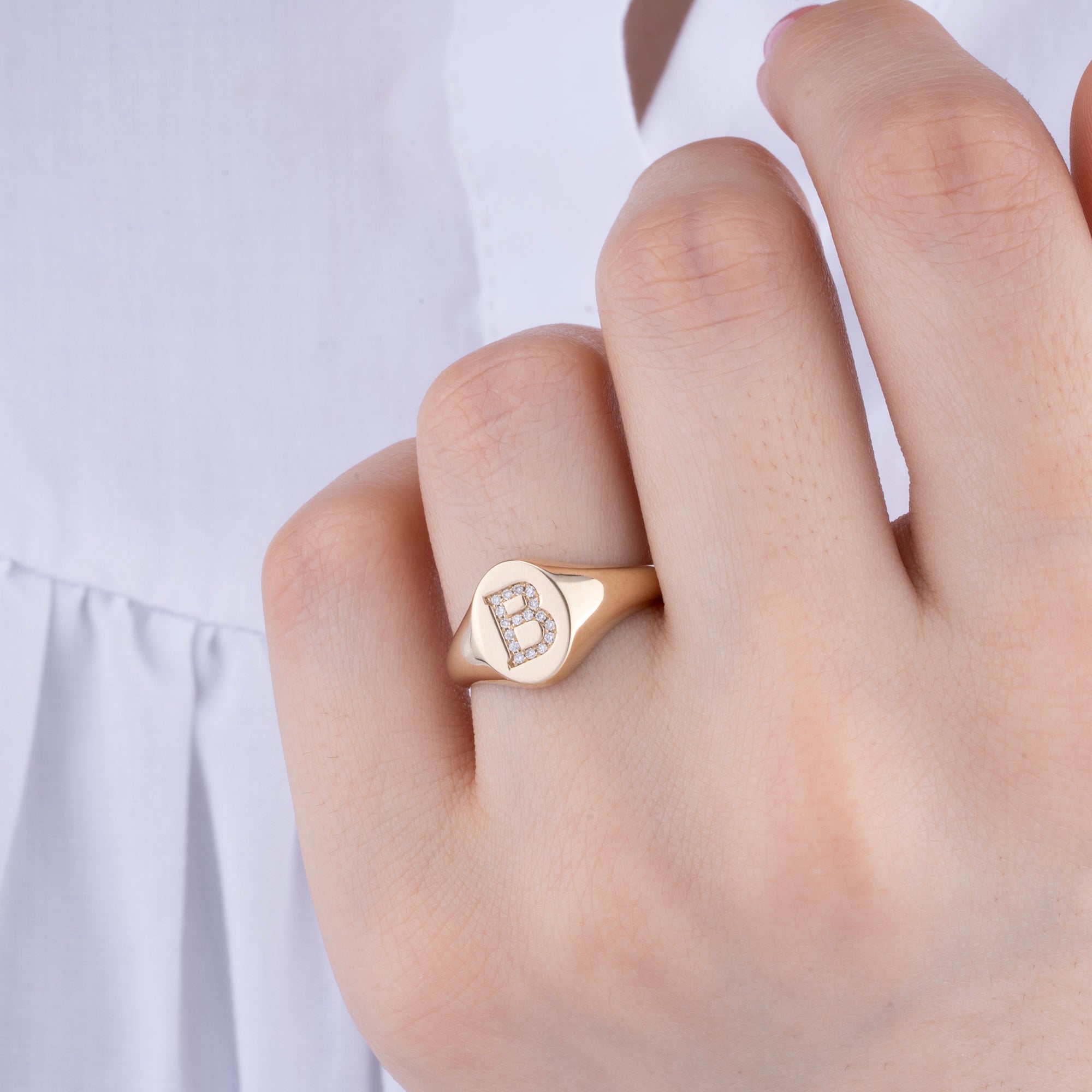 14K Solid Gold Diamond Initial Signet Ring/ Custom Letter Ring/ Personalized Gold Jewelry Gift/ Diamond Monogram Ring/ Gift for Her and Him