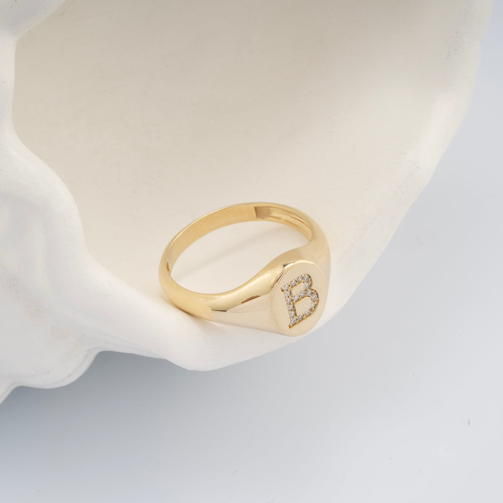 14K Gold Diamond Initial Signet Ring – Arlo