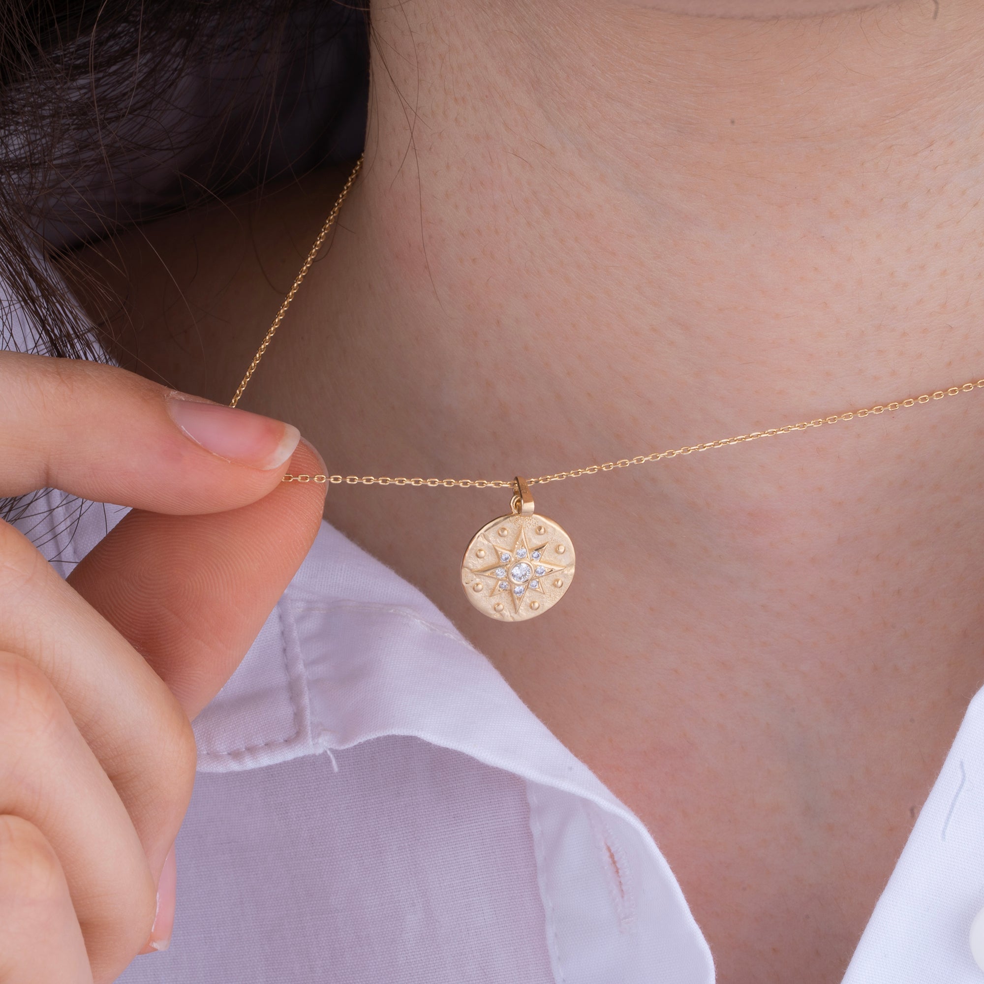 14K Gold Diamond Matte and Tumbled North Star Charm Necklace/ Gold Diamond Embossed Tumbled North Star Pendant/ Gold North Star Necklace