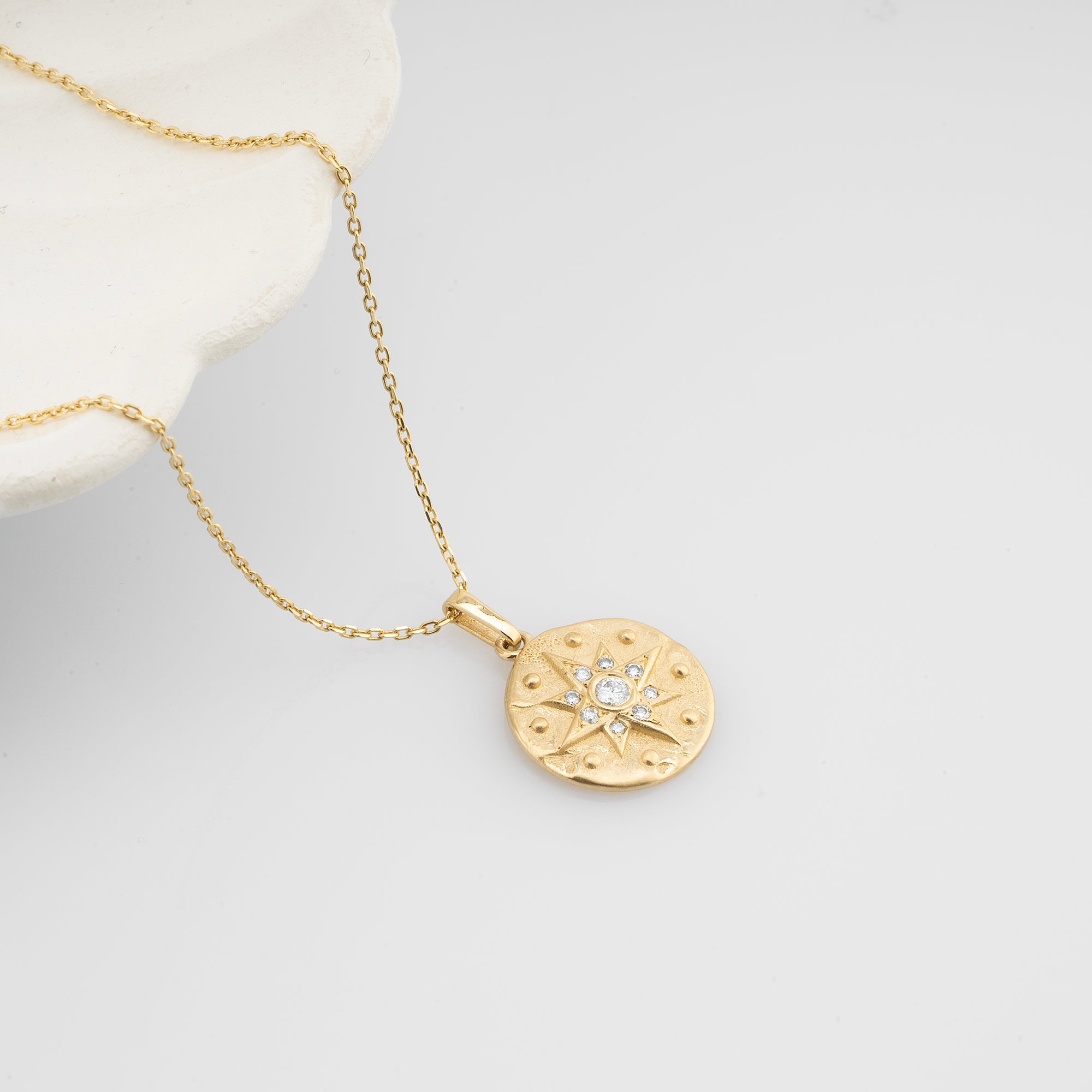 14K Gold Diamond Matte and Tumbled North Star Charm Necklace/ Gold Diamond Embossed Tumbled North Star Pendant/ Gold North Star Necklace
