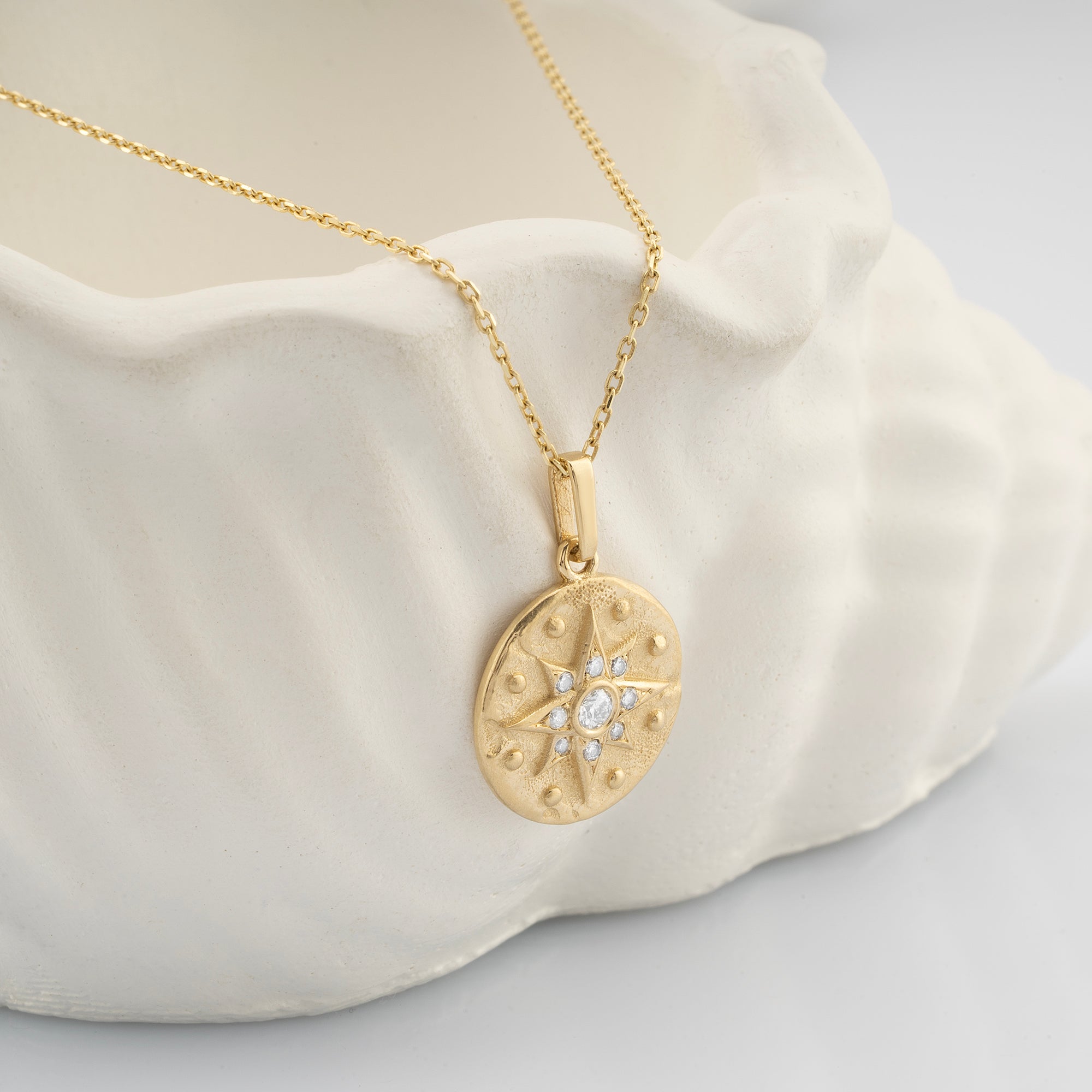 14K Gold Diamond Matte and Tumbled North Star Charm Necklace/ Gold Diamond Embossed Tumbled North Star Pendant/ Gold North Star Necklace