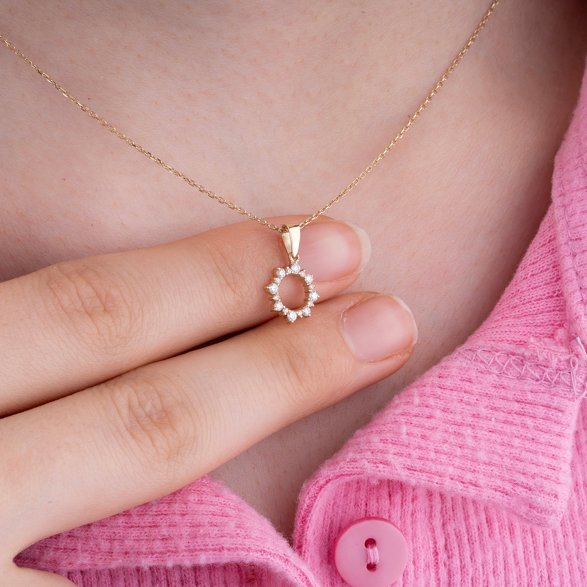 Dainty Gold Sun Pendant – Radiant 14K gold necklace featuring brilliant diamonds in a pave setting, a timeless fine jewelry piece.