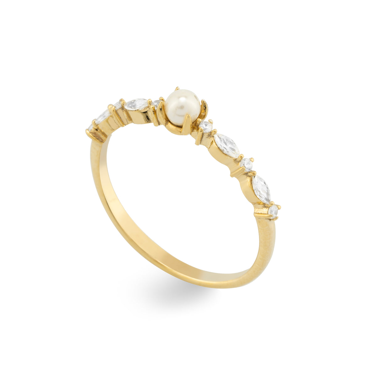 14K Gold Pearl and Diamond Ring/ Dainty Gold Band with 3mm Pearl/ Marquise and Round Diamond Ring/ Elegant Stacking Ring/ Gift for Her