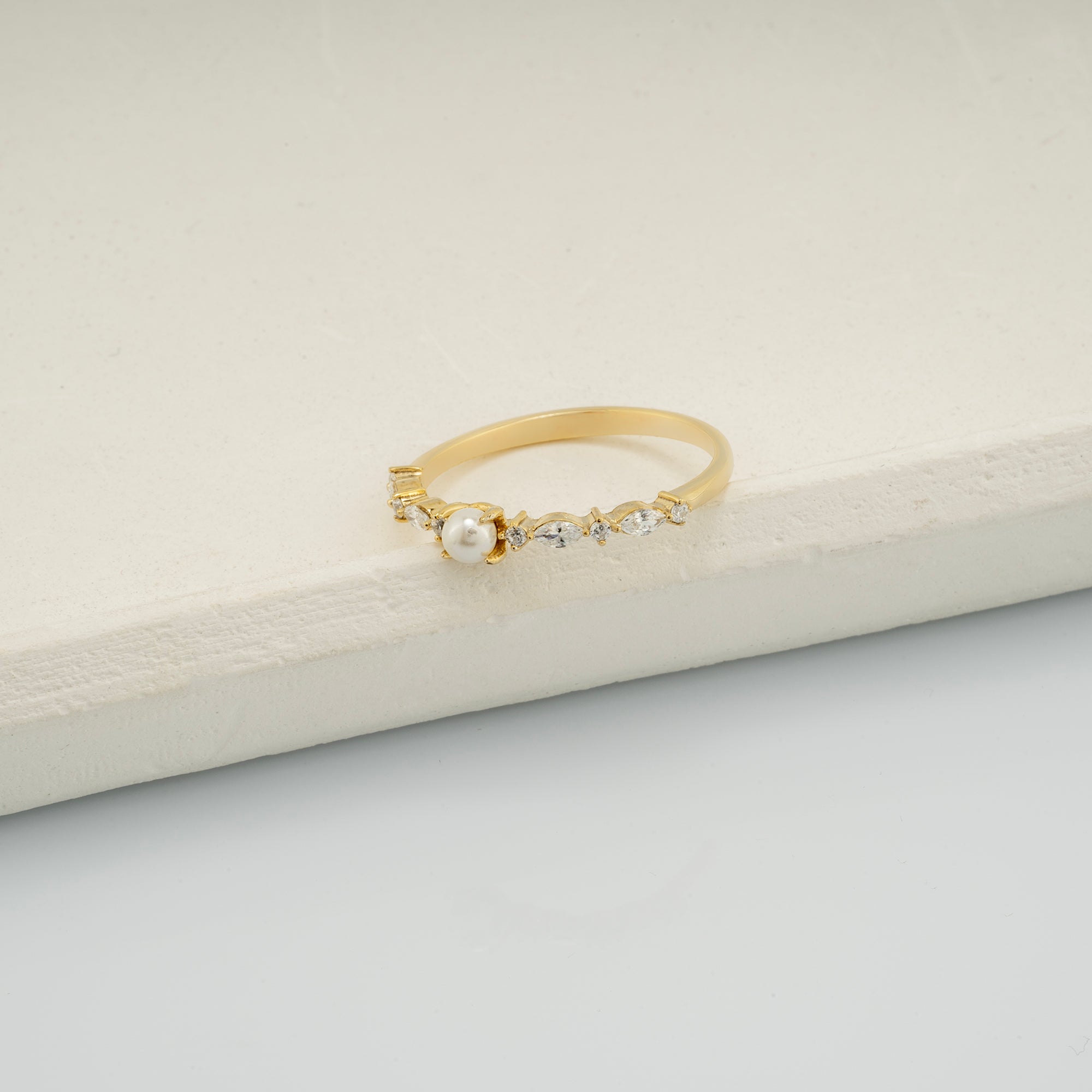 14K Gold Pearl and Diamond Ring/ Dainty Gold Band with 3mm Pearl/ Marquise and Round Diamond Ring/ Elegant Stacking Ring/ Gift for Her