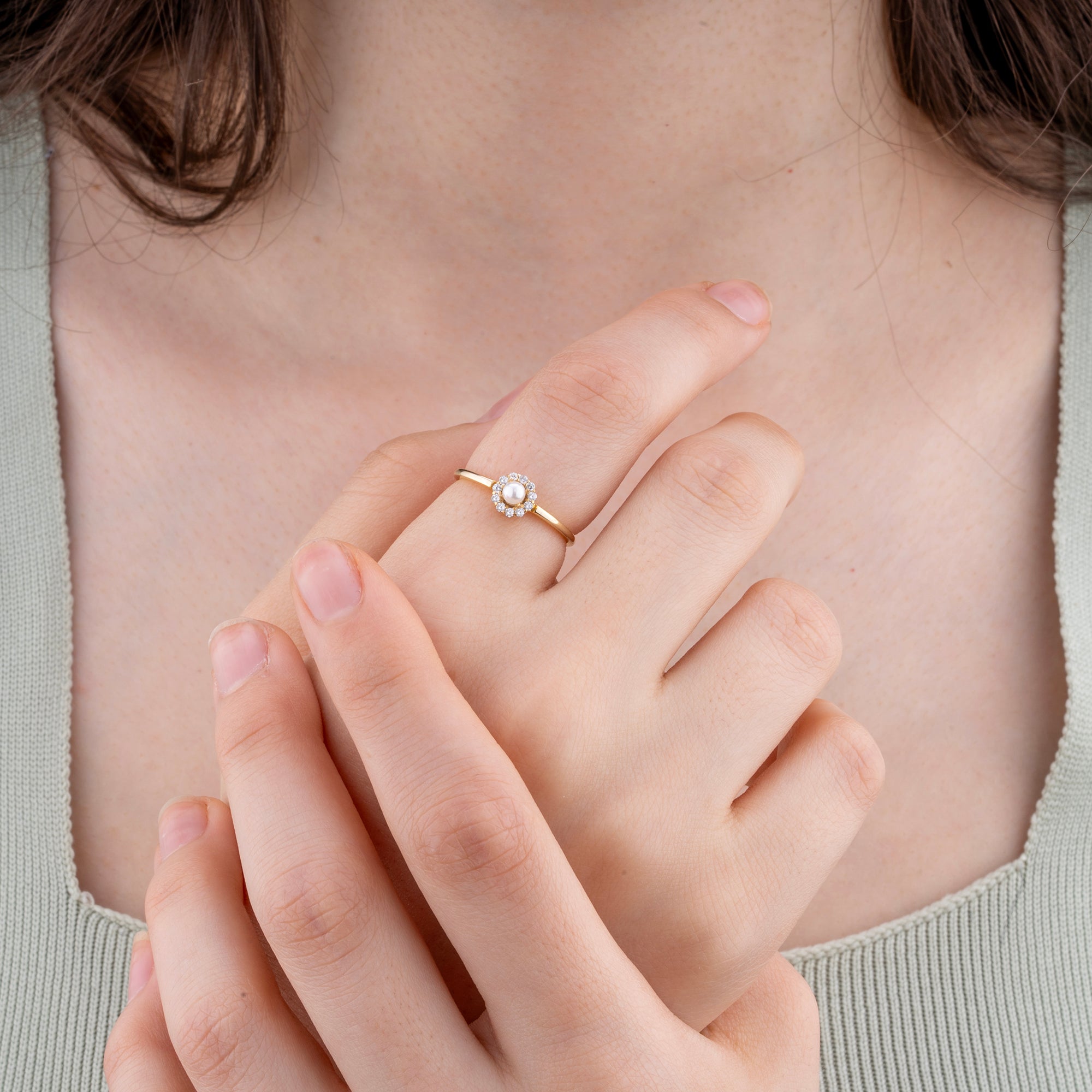 14K Gold Pearl & Diamond Halo Ring – Solvyn