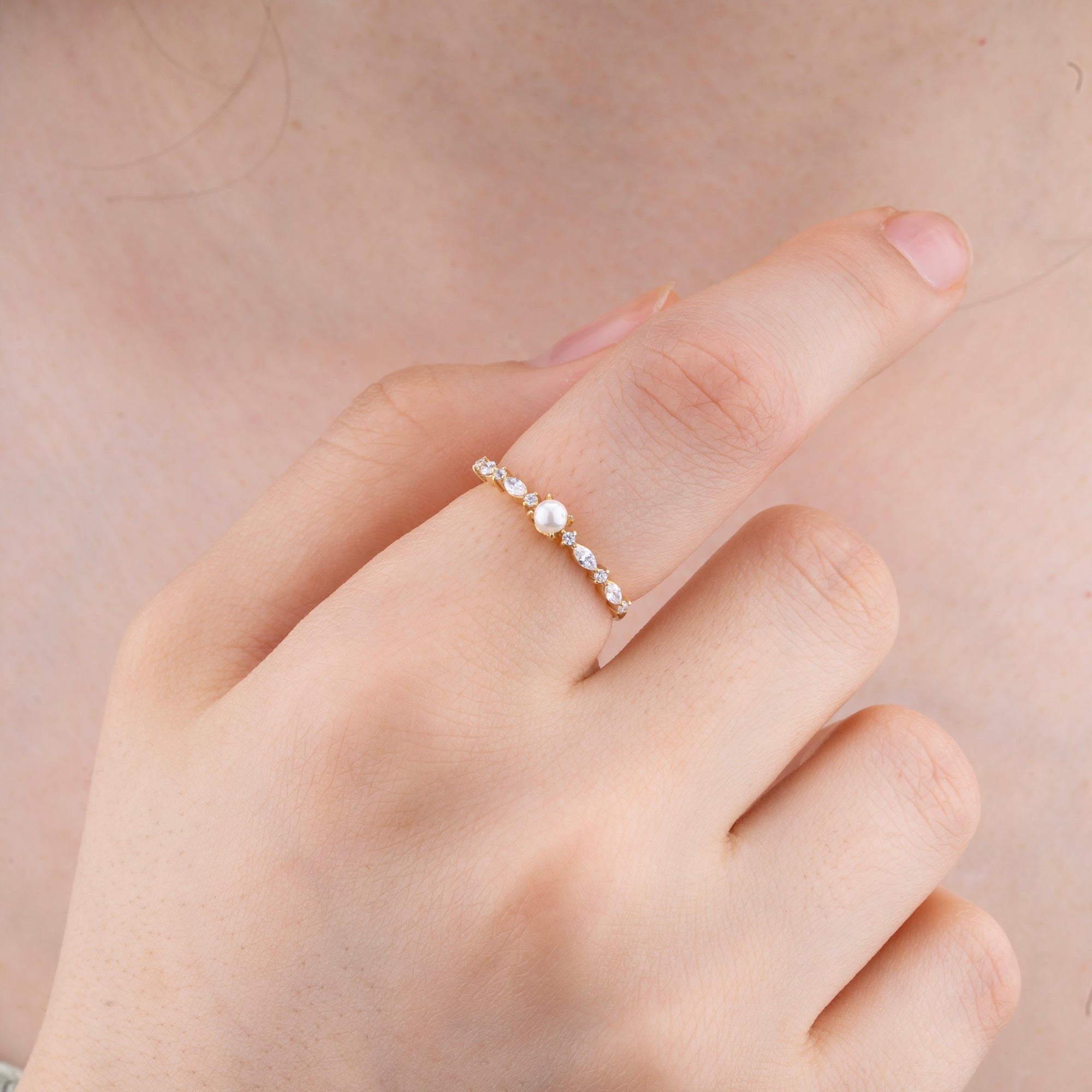 14K Gold Pearl and Diamond Ring/ Dainty Gold Band with 3mm Pearl/ Marquise and Round Diamond Ring/ Elegant Stacking Ring/ Gift for Her
