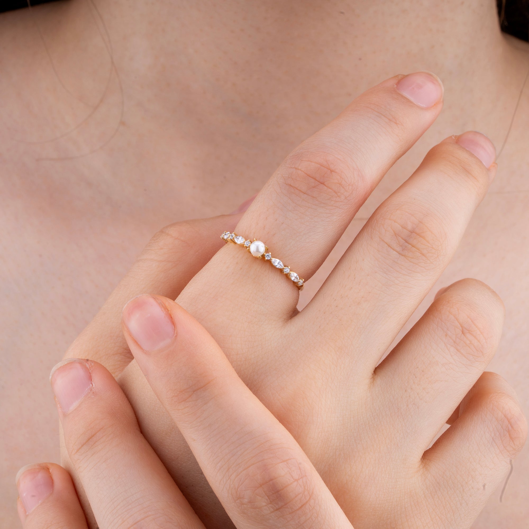 14K Gold Pearl and Diamond Ring/ Dainty Gold Band with 3mm Pearl/ Marquise and Round Diamond Ring/ Elegant Stacking Ring/ Gift for Her
