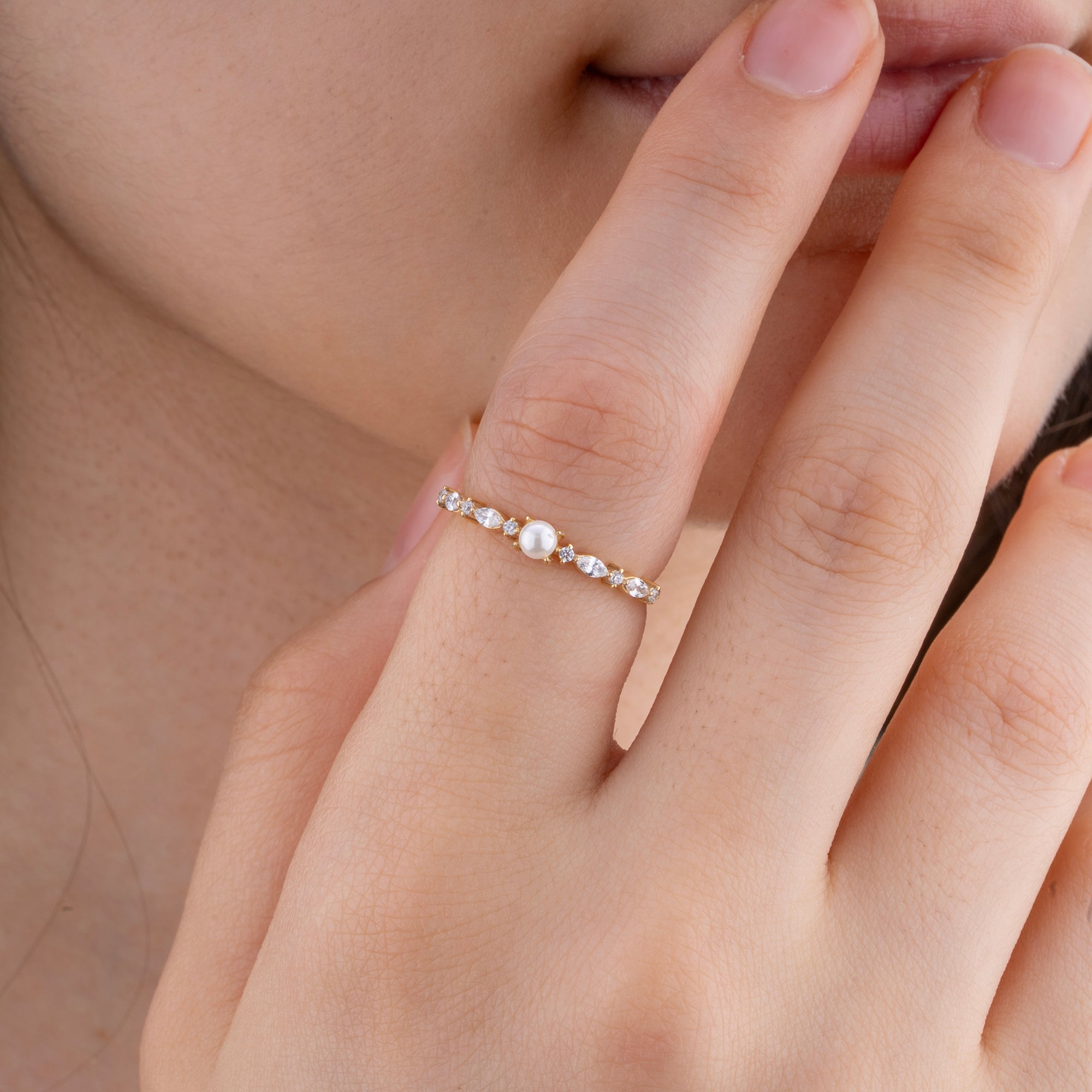14K Gold Pearl and Diamond Ring/ Dainty Gold Band with 3mm Pearl/ Marquise and Round Diamond Ring/ Elegant Stacking Ring/ Gift for Her