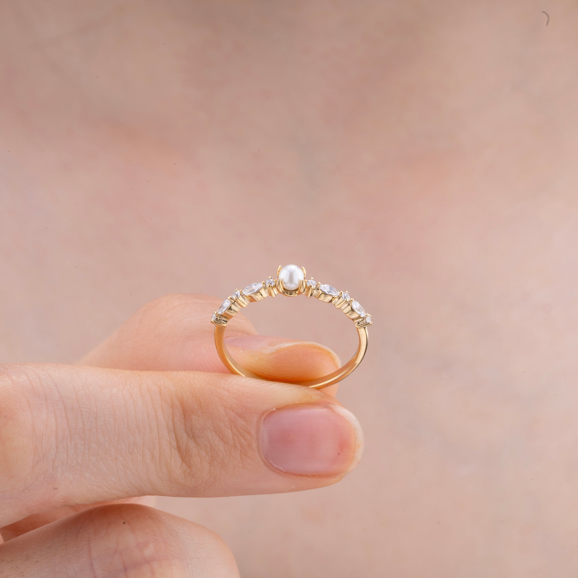 14K Gold Pearl and Diamond Ring/ Dainty Gold Band with 3mm Pearl/ Marquise and Round Diamond Ring/ Elegant Stacking Ring/ Gift for Her
