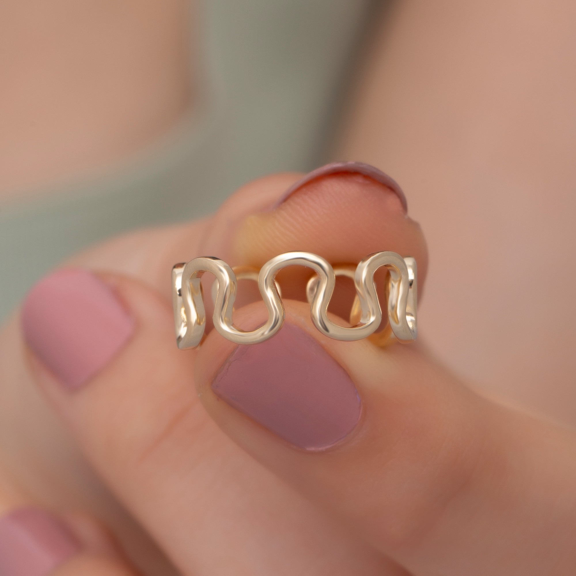 14K Gold Wave Ring: Dainty Open Band, Elegant Gold Jewelry