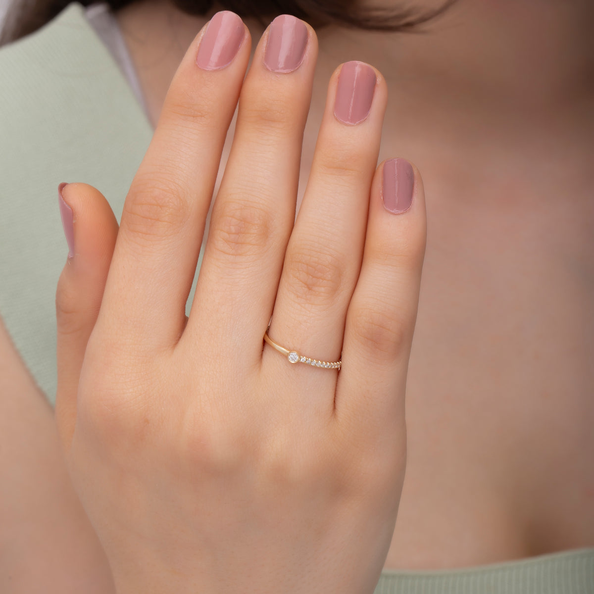 14K Gold Diamond Stacking Ring / Bezel Set Center Diamond with Pave Band / Dainty Gold Ring for Women / Elegant Minimalist Jewelry Gift