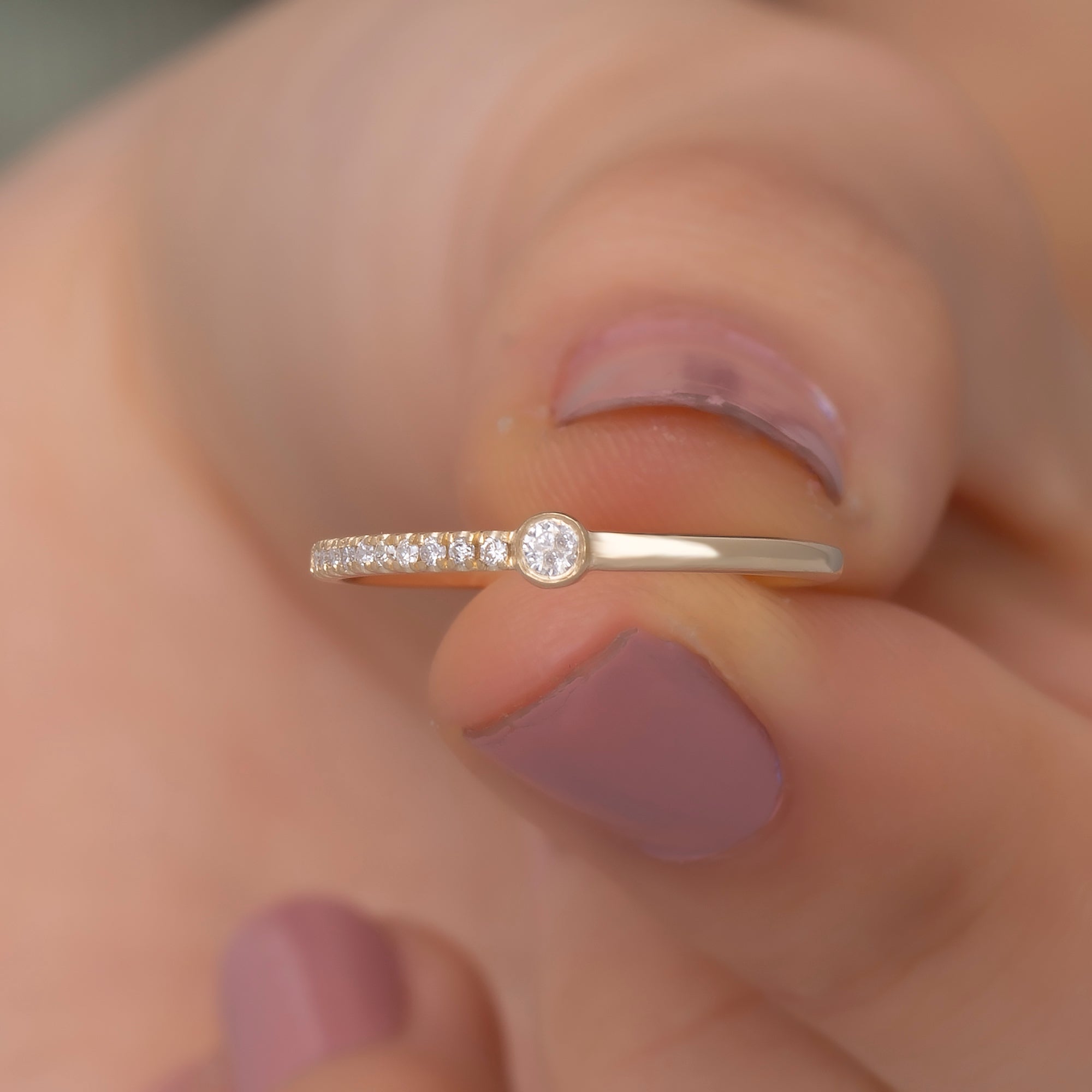 14K Gold Diamond Stacking Ring / Bezel Set Center Diamond with Pave Band / Dainty Gold Ring for Women / Elegant Minimalist Jewelry Gift