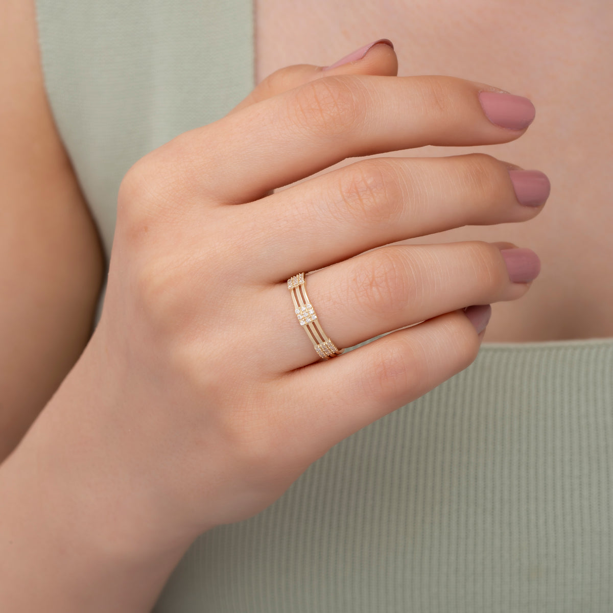 14K Gold Multi-Band Diamond Ring | Elegant Wide Band Gold Ring for Women | Dainty Gold Ring with Pave Diamonds | Unique Gold Jewelry Gift