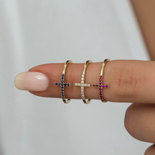 14K Gold Blue Sapphire Cross Ring – Serelis