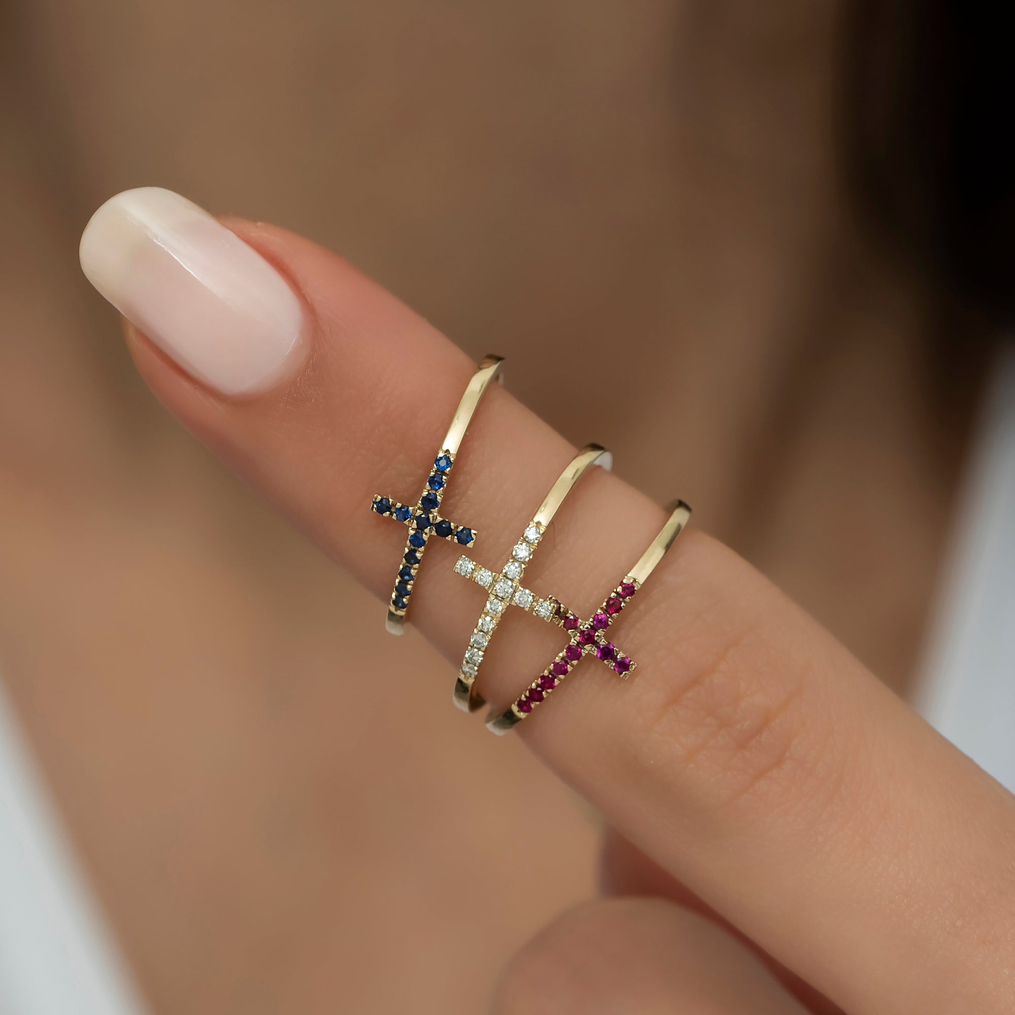 14K Gold Diamond Cross Rings/ Dainty Band Rings Gold Diamond, Sapphire, Emerald and Ruby Cross Rings/ Gift for Her/ Mothers Day Gift