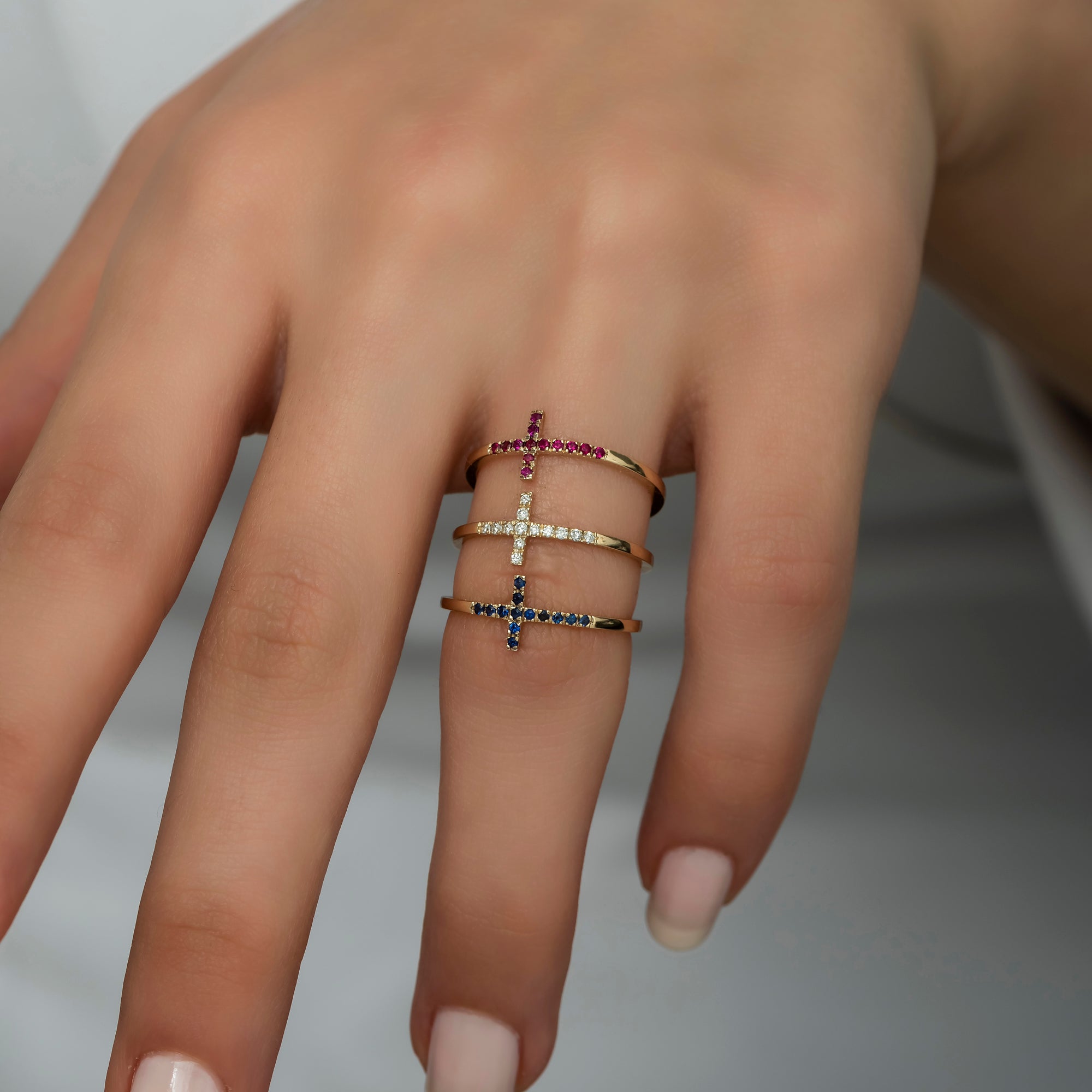 14K Gold Diamond Cross Rings/ Dainty Band Rings Gold Diamond, Sapphire, Emerald and Ruby Cross Rings/ Gift for Her/ Mothers Day Gift