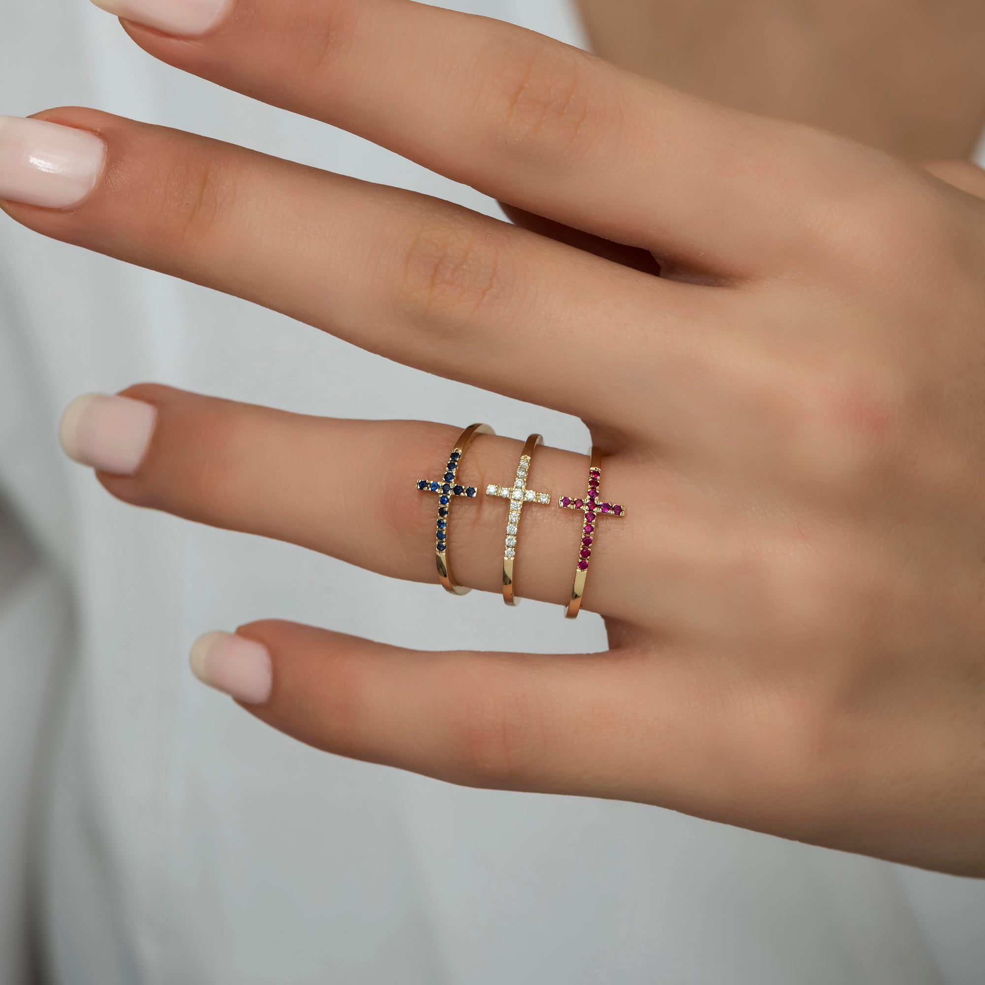 14K Gold Diamond Cross Rings/ Dainty Band Rings Gold Diamond, Sapphire, Emerald and Ruby Cross Rings/ Gift for Her/ Mothers Day Gift