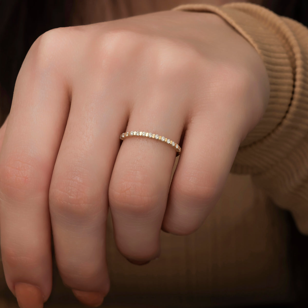 14K Solid Gold 1.40 MM Round Diamond Wedding Rings/ Minimalist Thin Wedding Band/ Diamond Half Eternity Band/ The Mom/ Mothers Day Gift
