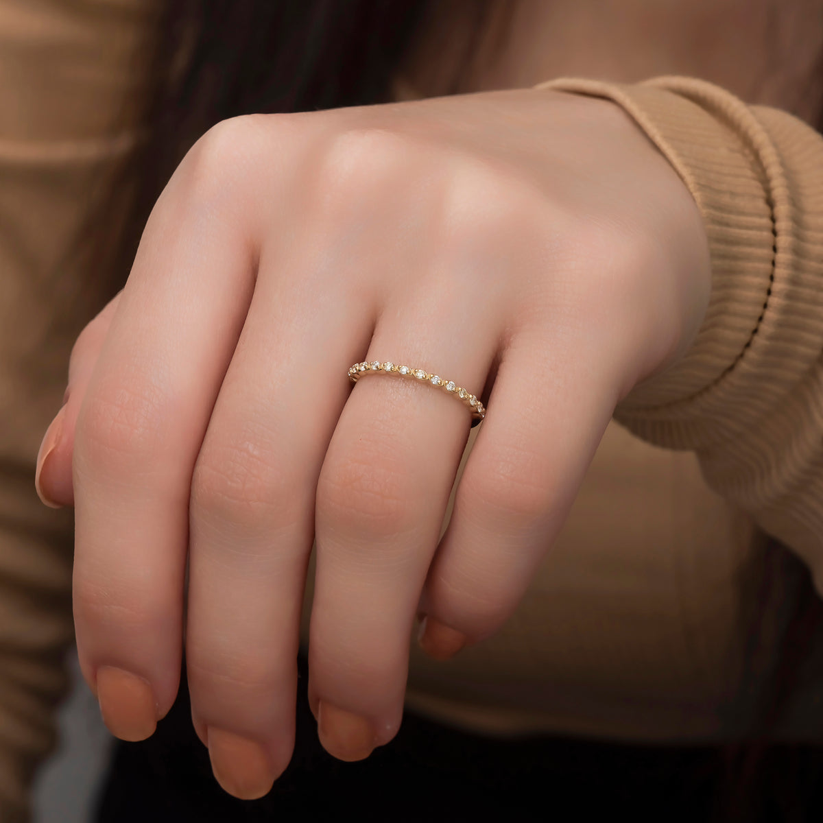 14K Solid Gold Diamond Rings/ Minimalist Thin Wedding Band/ Diamond Half Eternity Band/ Diamond Dainty Stacking Ring/ Gift for Her/ The Mom