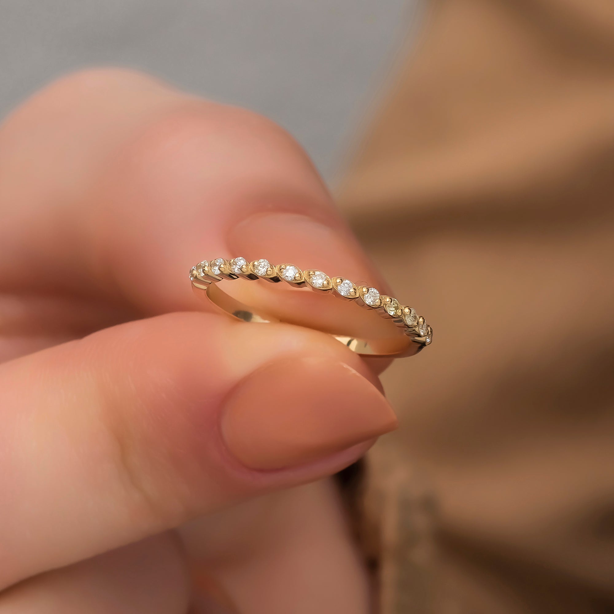 14K Solid Gold Diamond Rings/ Minimalist Thin Wedding Band/ Diamond Half Eternity Band/ Diamond Dainty Stacking Ring/ Gift for Her/ The Mom
