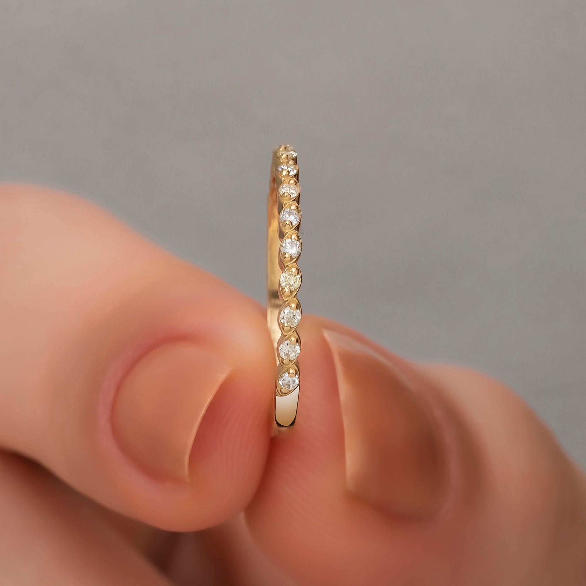 14K Solid Gold Diamond Rings/ Minimalist Thin Wedding Band/ Diamond Half Eternity Band/ Diamond Dainty Stacking Ring/ Gift for Her/ The Mom