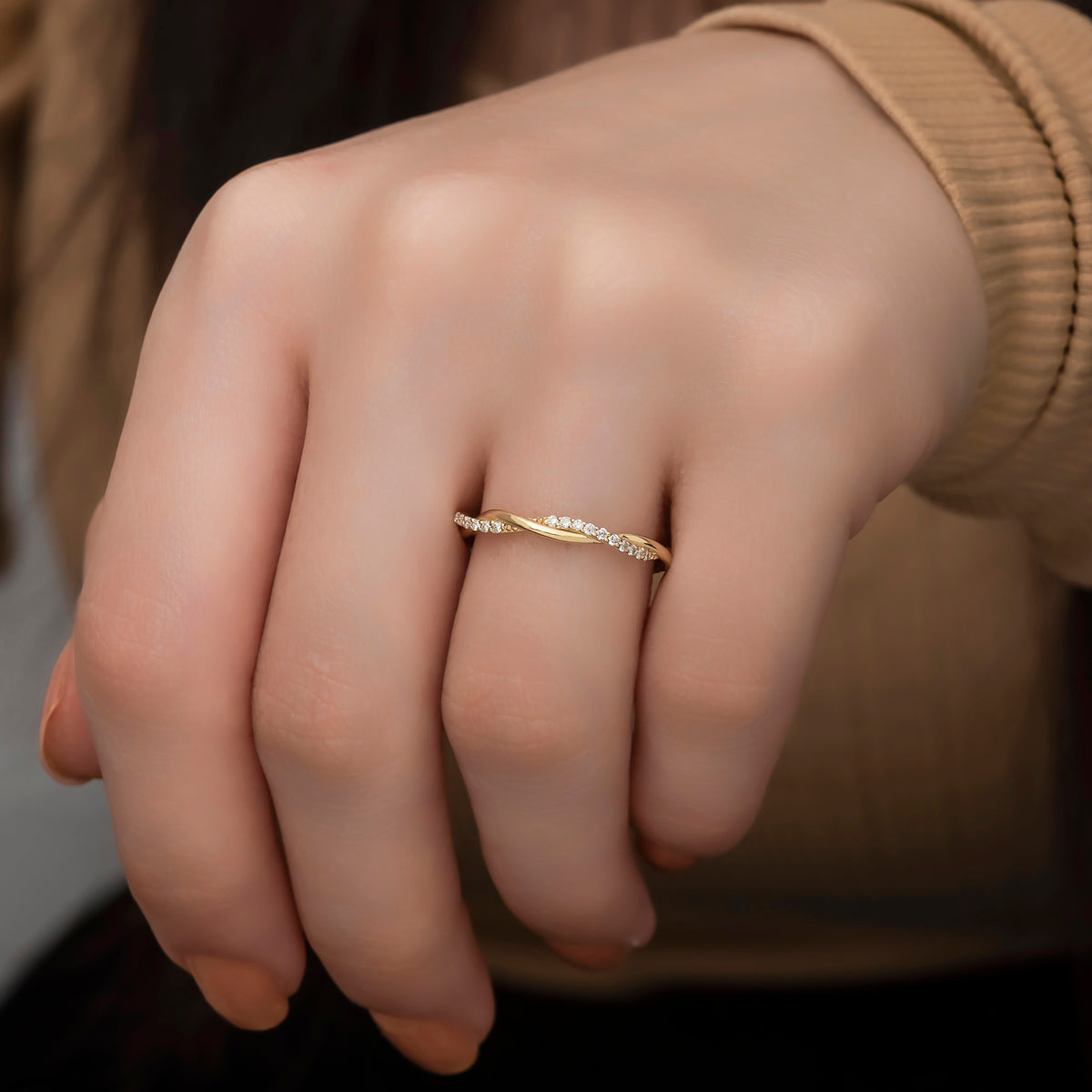 14K Solid Gold Diamond Ring/ Braided Diamond Stackable Ring/ Dainty Twist Diamond Wedding Band/ Diamond Infinity Band/ Mothers Day Gift