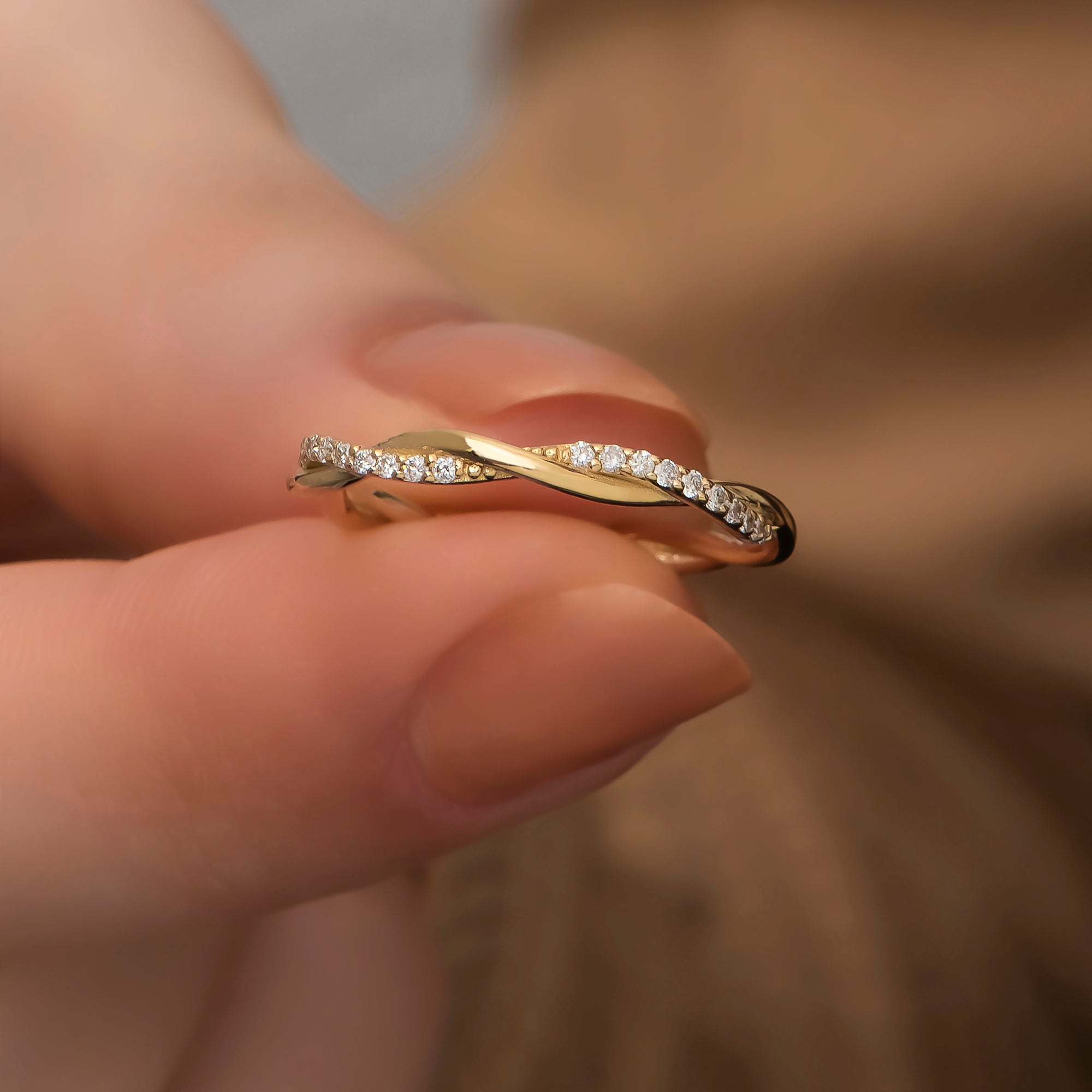 14K Solid Gold Diamond Ring/ Braided Diamond Stackable Ring/ Dainty Twist Diamond Wedding Band/ Diamond Infinity Band/ Mothers Day Gift