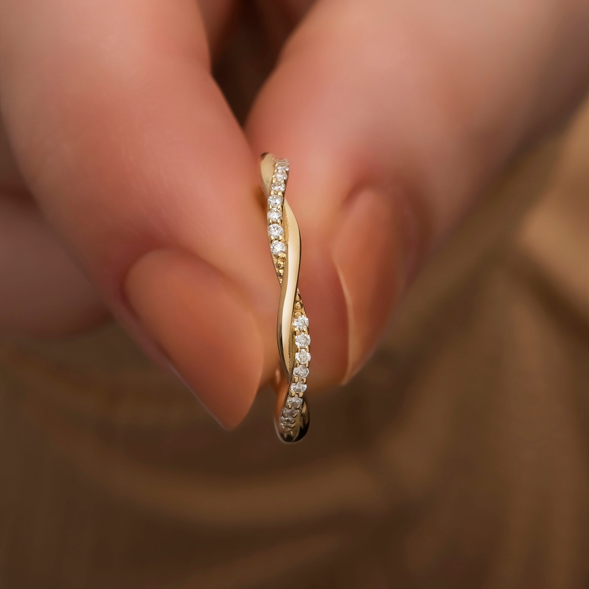 14K Solid Gold Diamond Ring/ Braided Diamond Stackable Ring/ Dainty Twist Diamond Wedding Band/ Diamond Infinity Band/ Mothers Day Gift