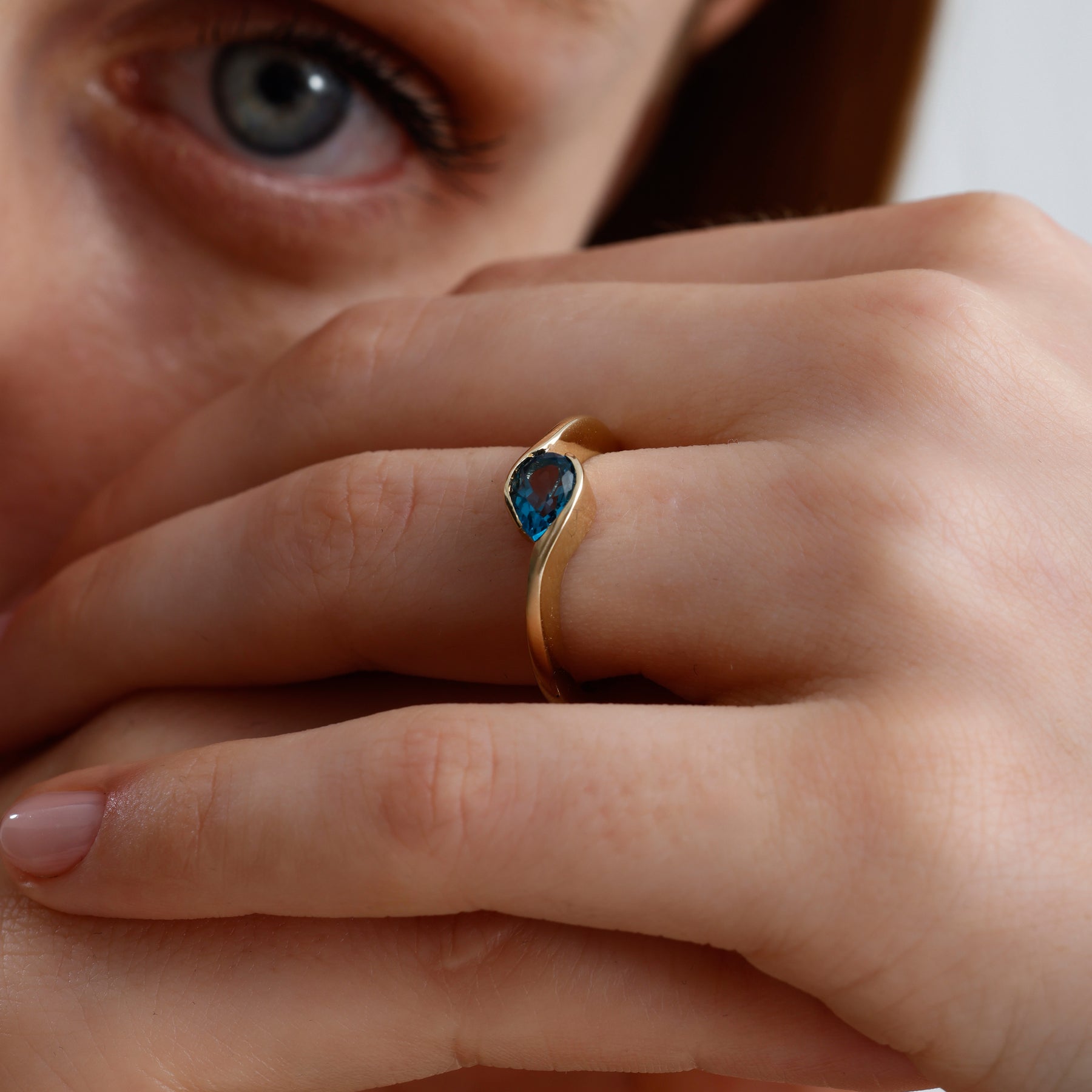 14K Solid Gold Pear Cut Blue Topaz Modern Bezel Ring – Thalune