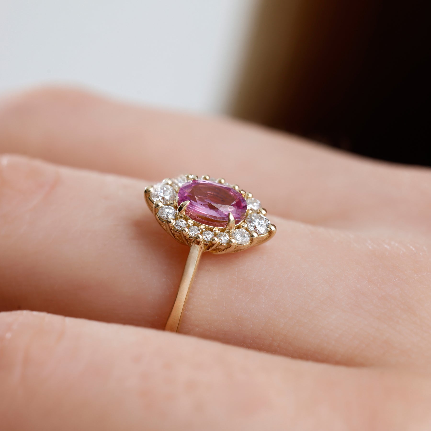 14K Solid Gold Oval Pink Sapphire & Natural Diamond Halo Engagement Ring – Virel