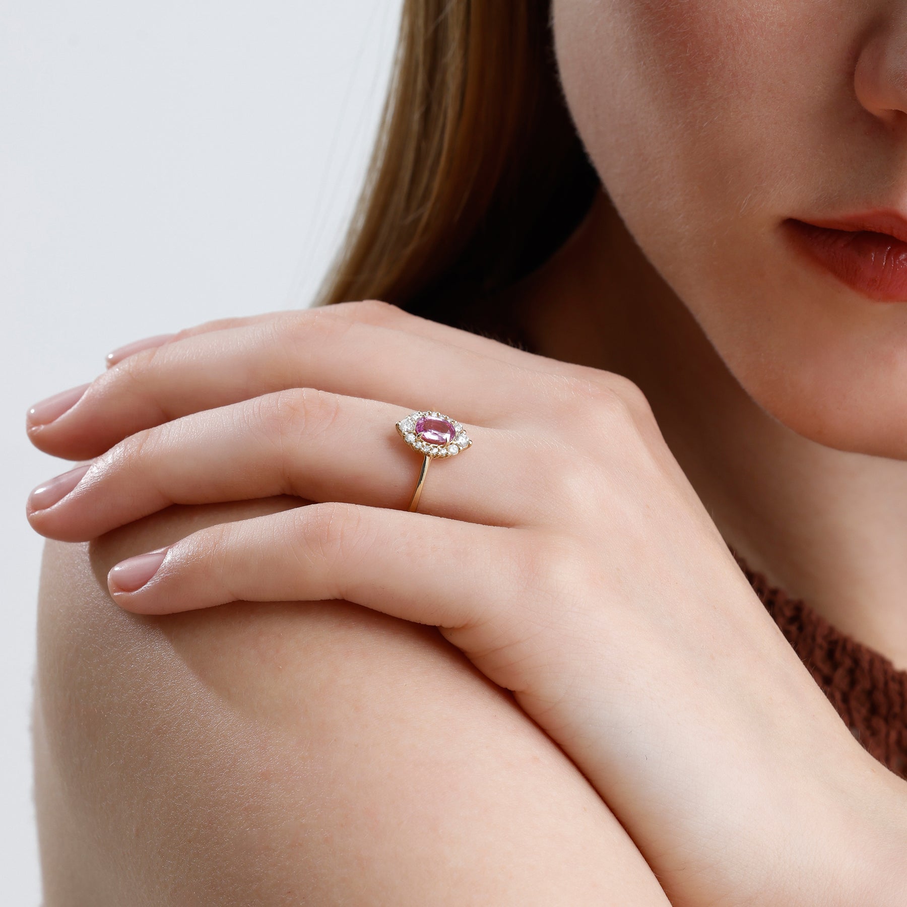 14K Solid Gold Oval Pink Sapphire & Natural Diamond Halo Engagement Ring – Virel