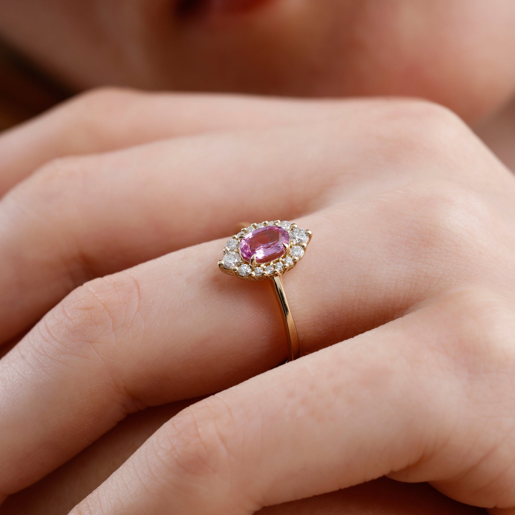 14K Solid Gold Oval Pink Sapphire & Natural Diamond Halo Engagement Ring – Virel