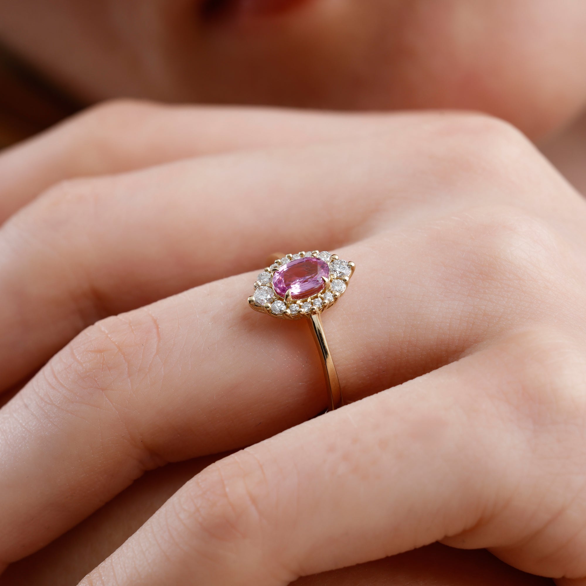 14K Solid Gold Oval Pink Sapphire & Natural Diamond Halo Engagement Ring – Virel