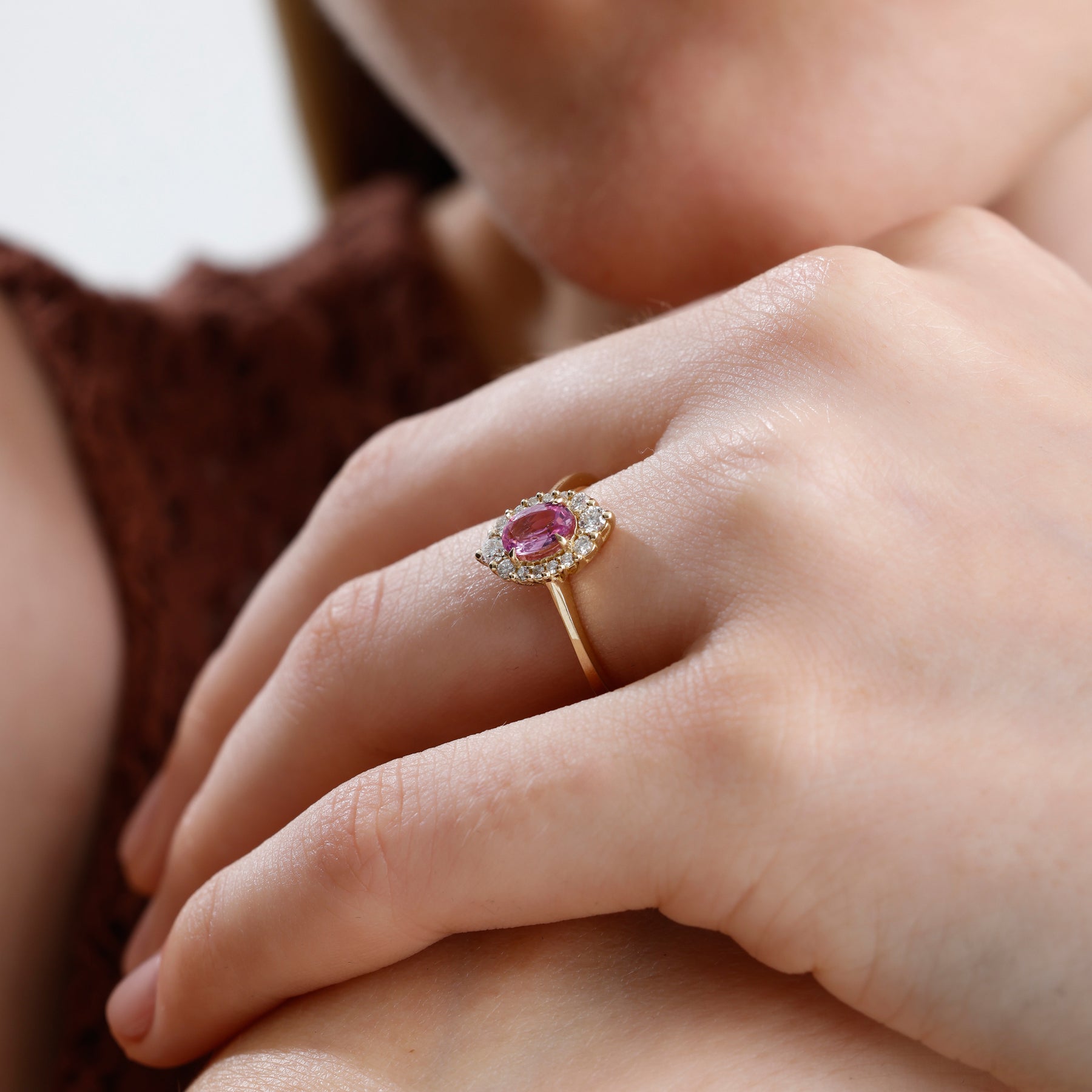 14K Solid Gold Oval Pink Sapphire & Natural Diamond Halo Engagement Ring – Virel