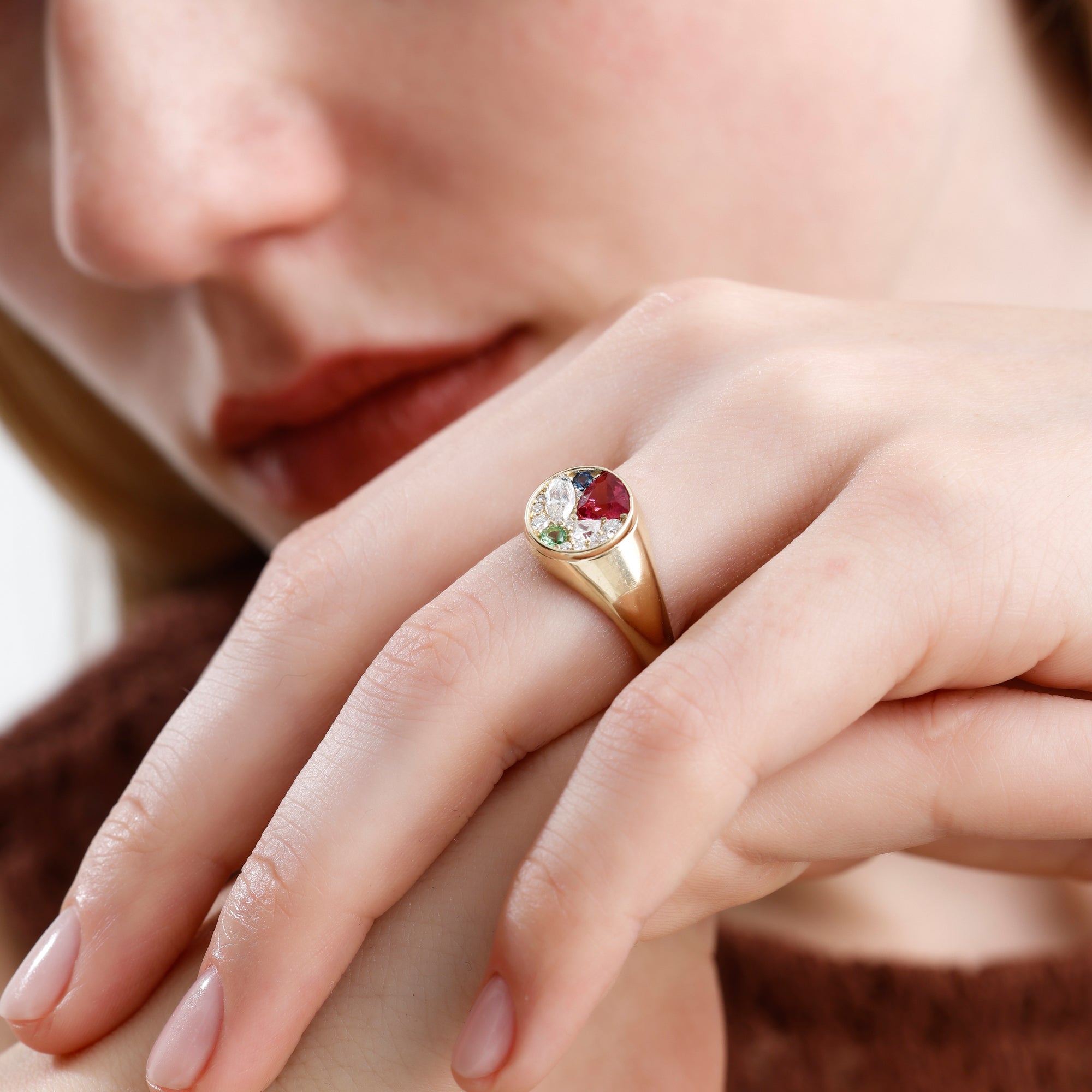 14K Solid Gold Multi Gemstone & Natural Diamond Signet Ring – Kaelis
