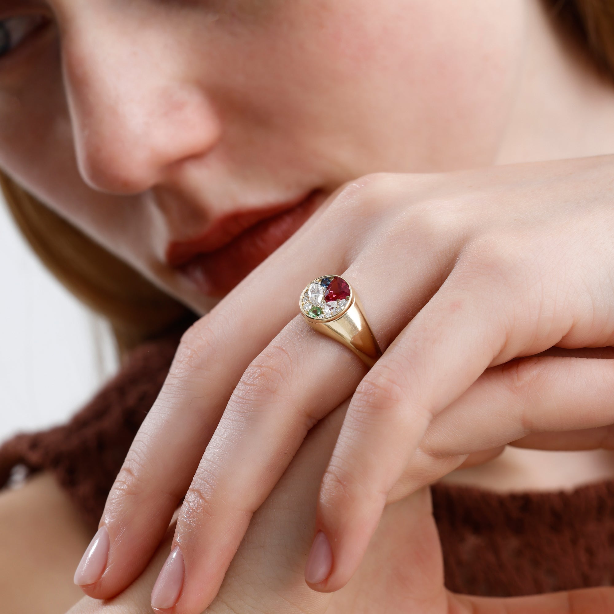 14K Solid Gold Multi Gemstone & Natural Diamond Signet Ring – Kaelis