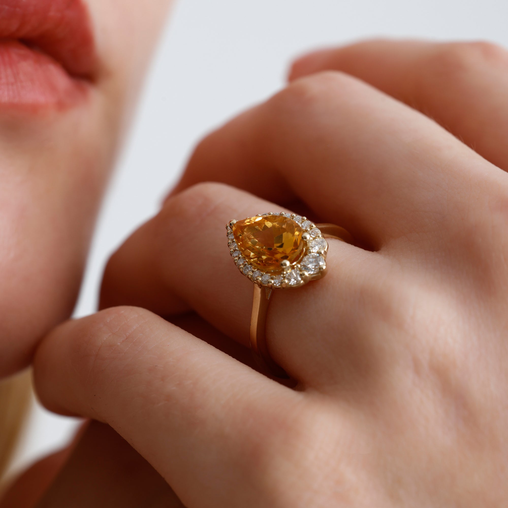 14K Solid Gold Pear Cut Citrine & Natural Diamond Halo Engagement Ring – Cavira