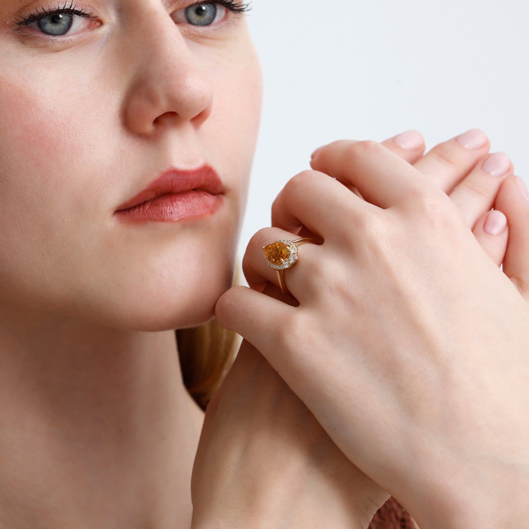 14K Solid Gold Pear Cut Citrine & Natural Diamond Halo Engagement Ring – Cavira