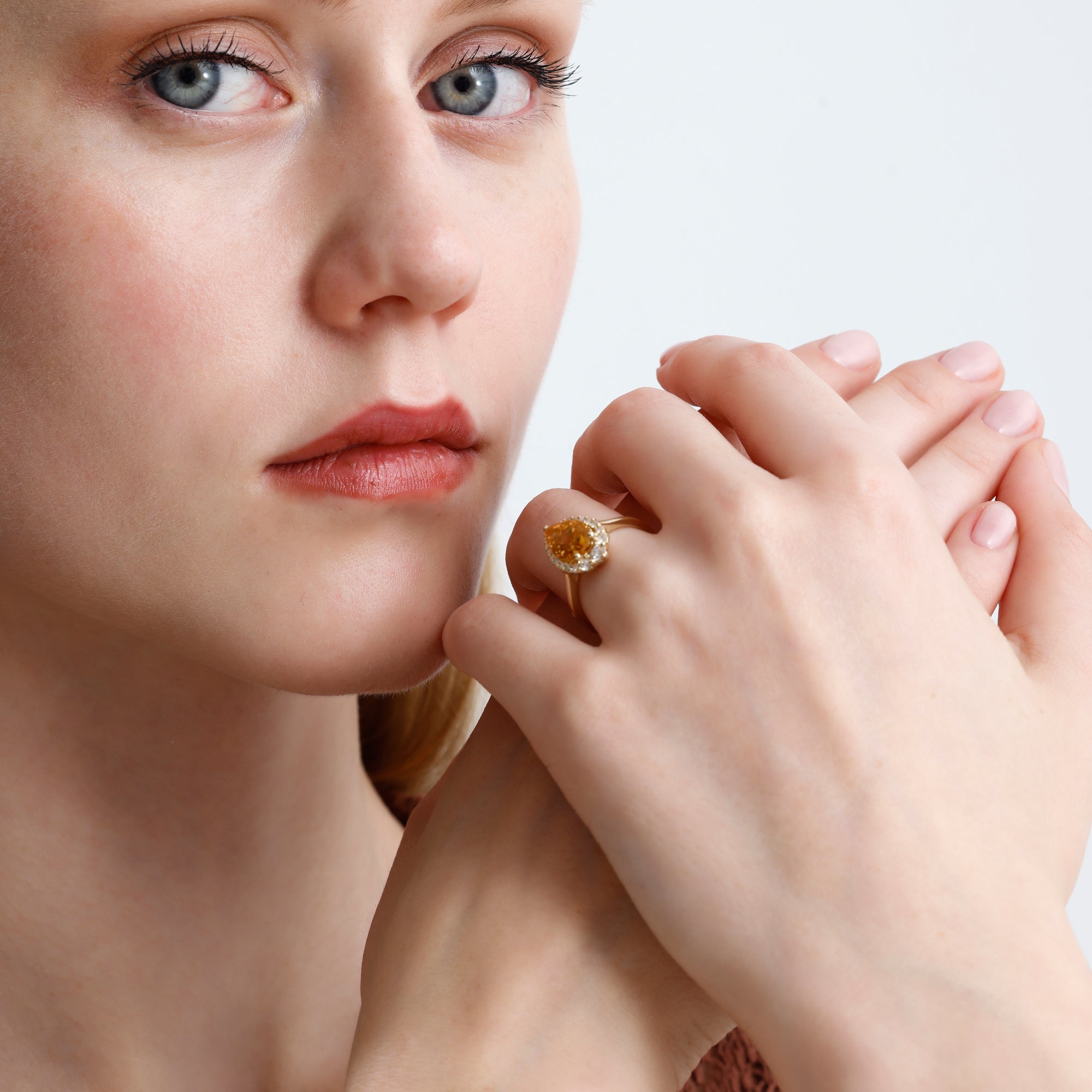 14K Solid Gold Pear Cut Citrine & Natural Diamond Halo Engagement Ring – Cavira