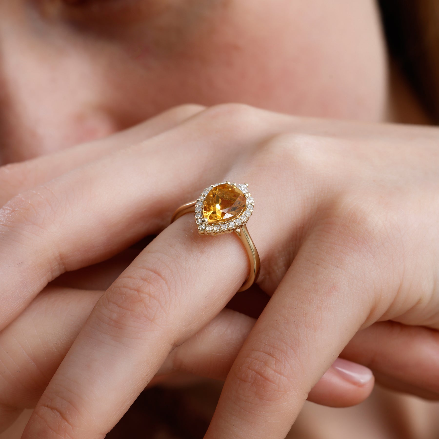 14K Solid Gold Pear Cut Citrine & Natural Diamond Halo Engagement Ring – Cavira